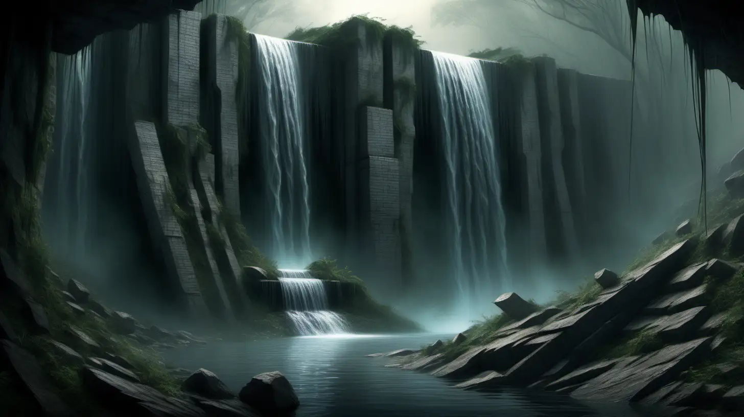 Mysterious Dystopian Waterfall Realistic Scene with Intricate Detail