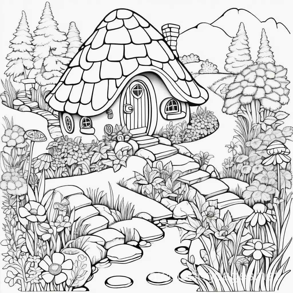 Illustrate a hippy style fairy with intricate cute hobbit like homes in a flower garden with a stream coloring page, Coloring Page, black and white, line art, white background, Simplicity, Ample White Space. The background of the coloring page is plain white to make it easy for young children to color within the lines. The outlines of all the subjects are easy to distinguish, making it simple for kids to color without too much difficulty