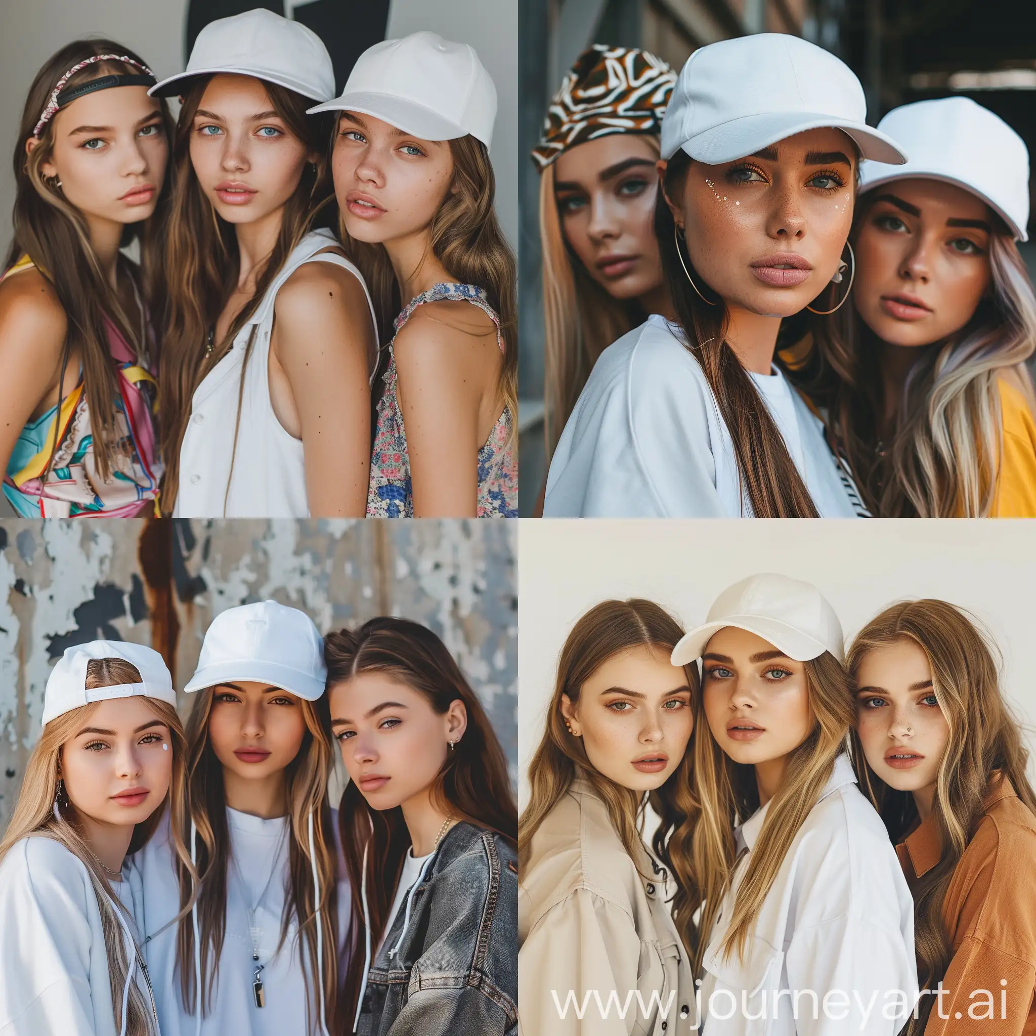 Create imate od 3 beautyfull european young women, in streetstyle clothes wearing white baseball cap with flat brim 