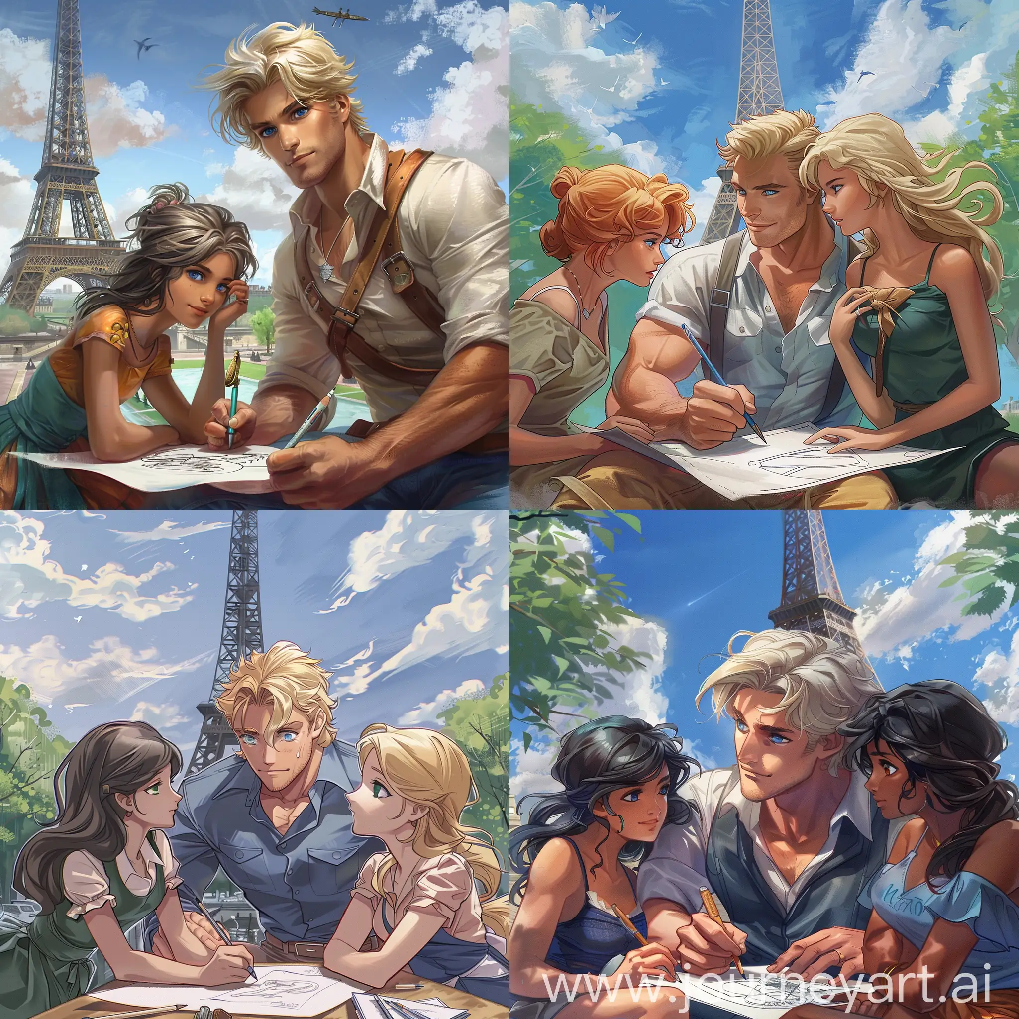 Blond-Man-Drawing-with-Two-Girls-at-the-Eiffel-Tower