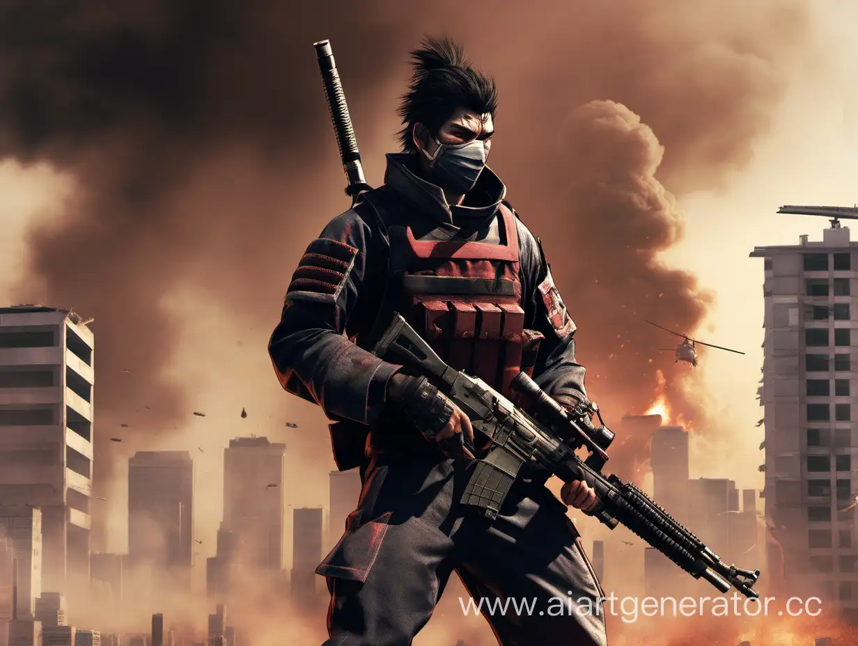 Kenshi, a samurai in modern military attire, with a rifle, daytime, against the backdrop of urban development, smoke from a fire in the background