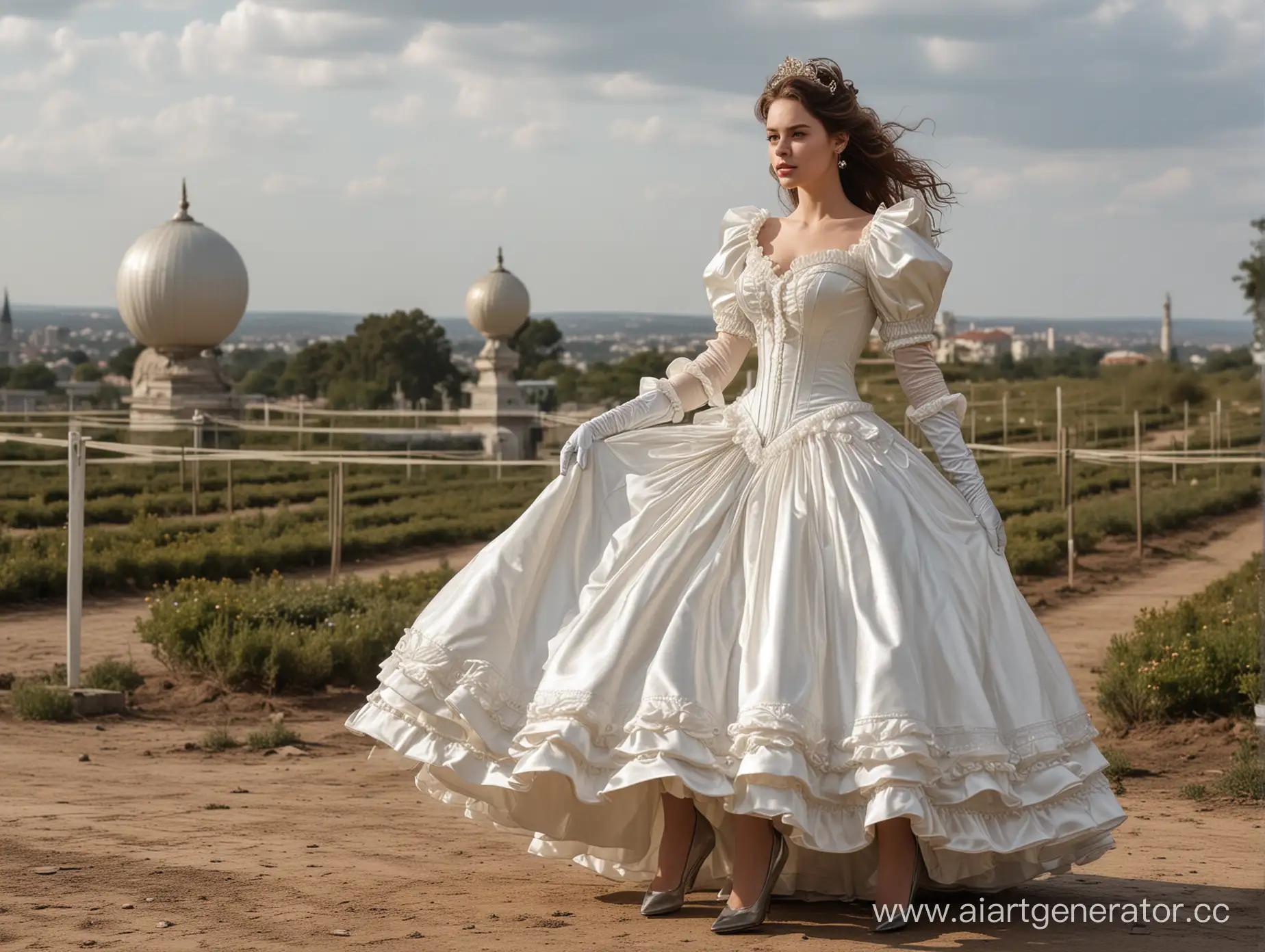 Elegant-25YearOld-Girl-Thanos-in-Satin-Dress-and-Stiletto-Heels-on-Sunny-Planet-Surface