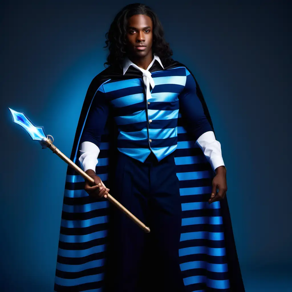 handsome fit young black man, long hair, navy blue pacific blue horizontal horizontal stripes horiziontal striped costume, cape, magic staff, night
