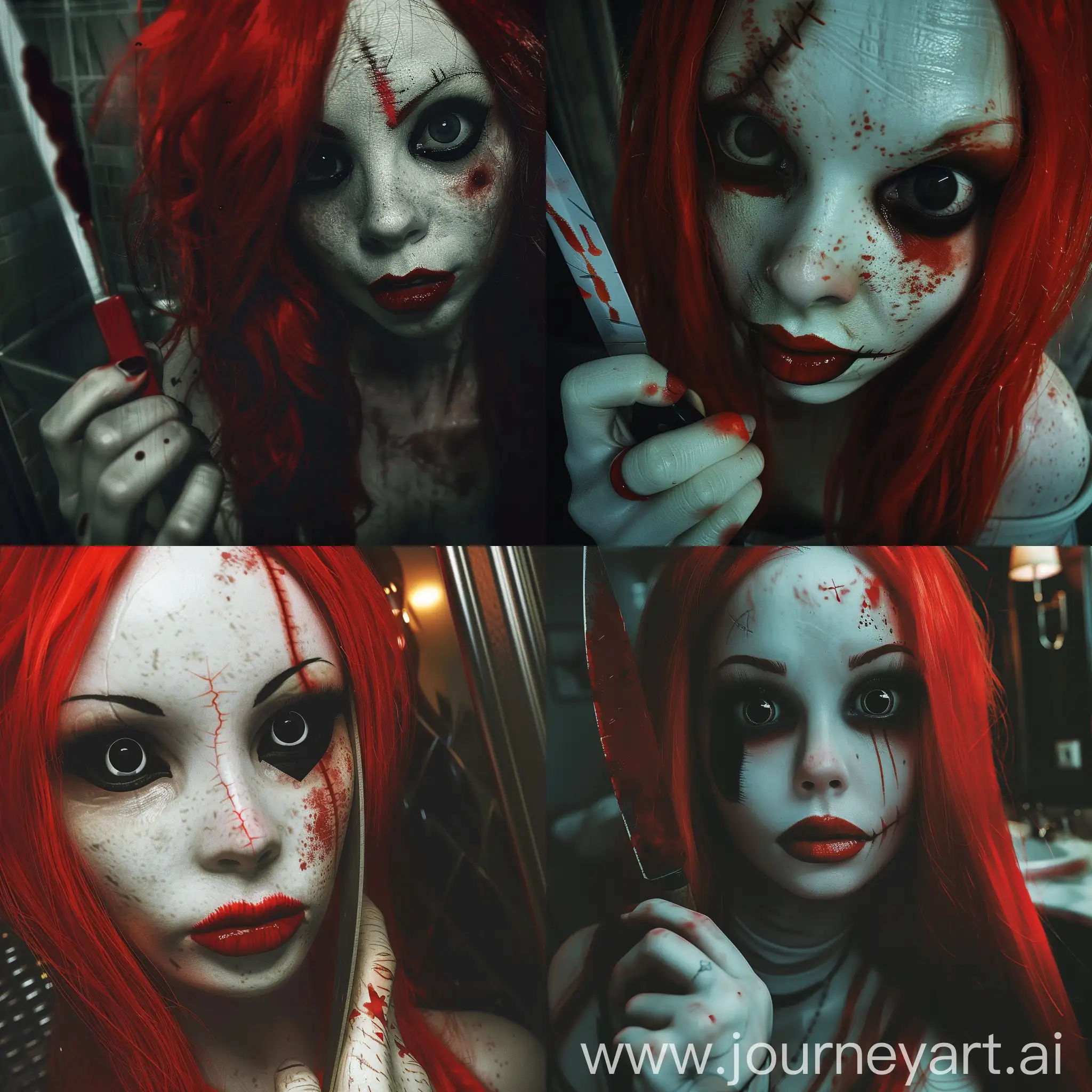redhair woman with white skin, her eyeballs are big and black, black eyes, red lipstick, she has a bloody knife in her hand, big scar on her forehead, she's at a dark hotel bathroom, cinematic lighting, realistic image