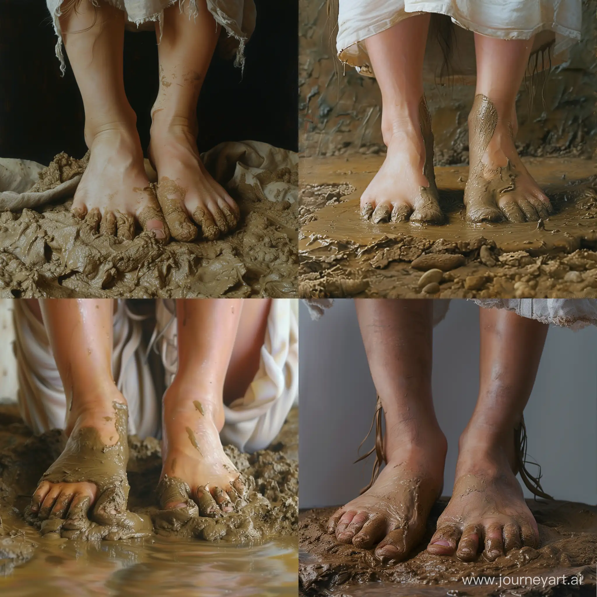 Девушка своими ногами (ступнями) месит грязь. Реалистичное изображение, ступни крупным планом 