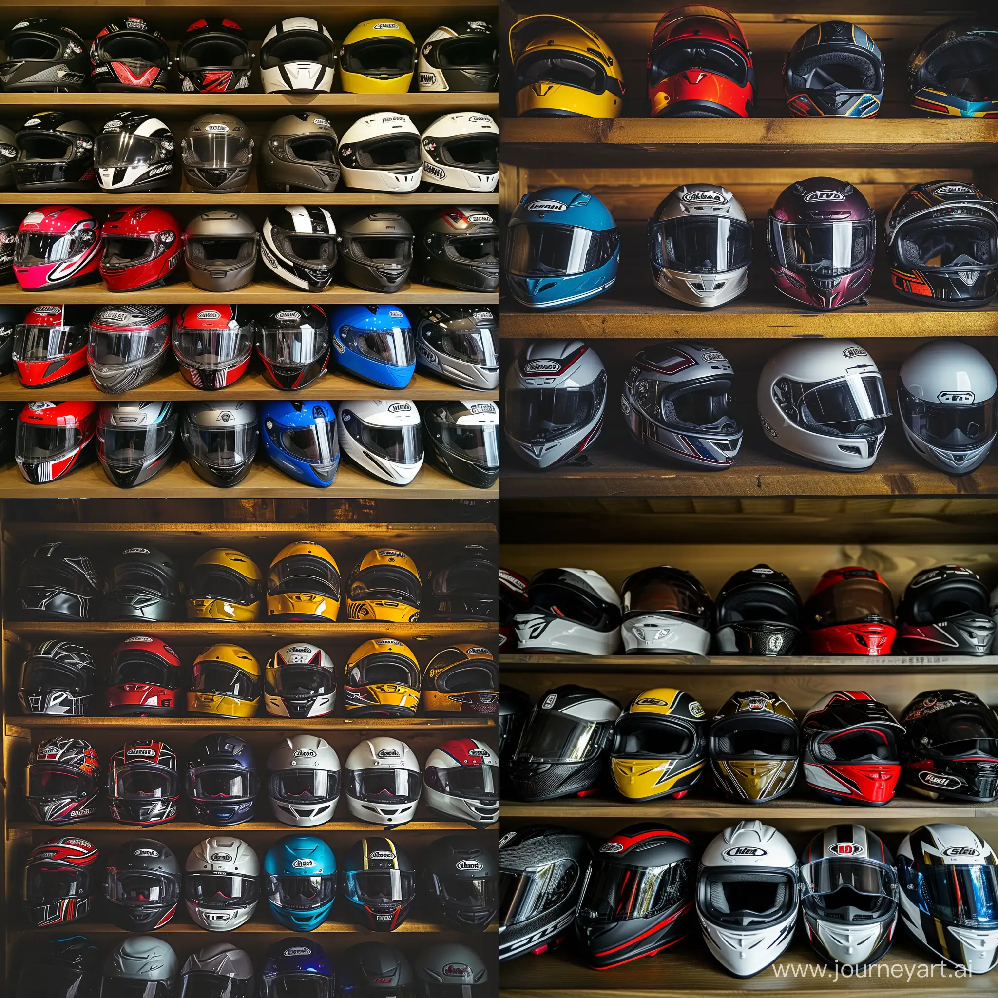 Diverse-Array-of-Motorcycle-Helmets-Displayed-in-Neat-LoftStyle-Arrangement