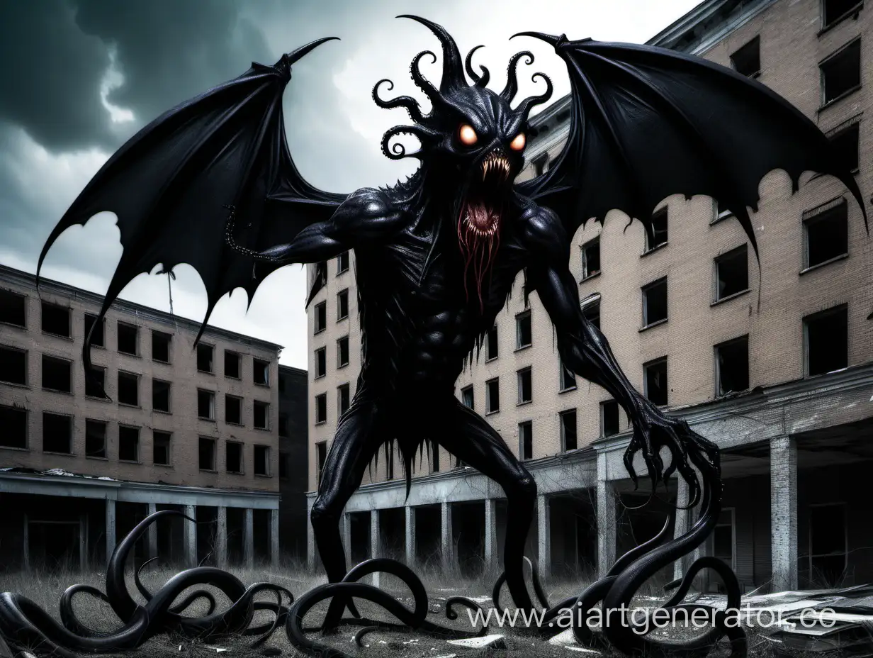 Eerie-Black-Monster-Holding-Bat-in-Abandoned-Building