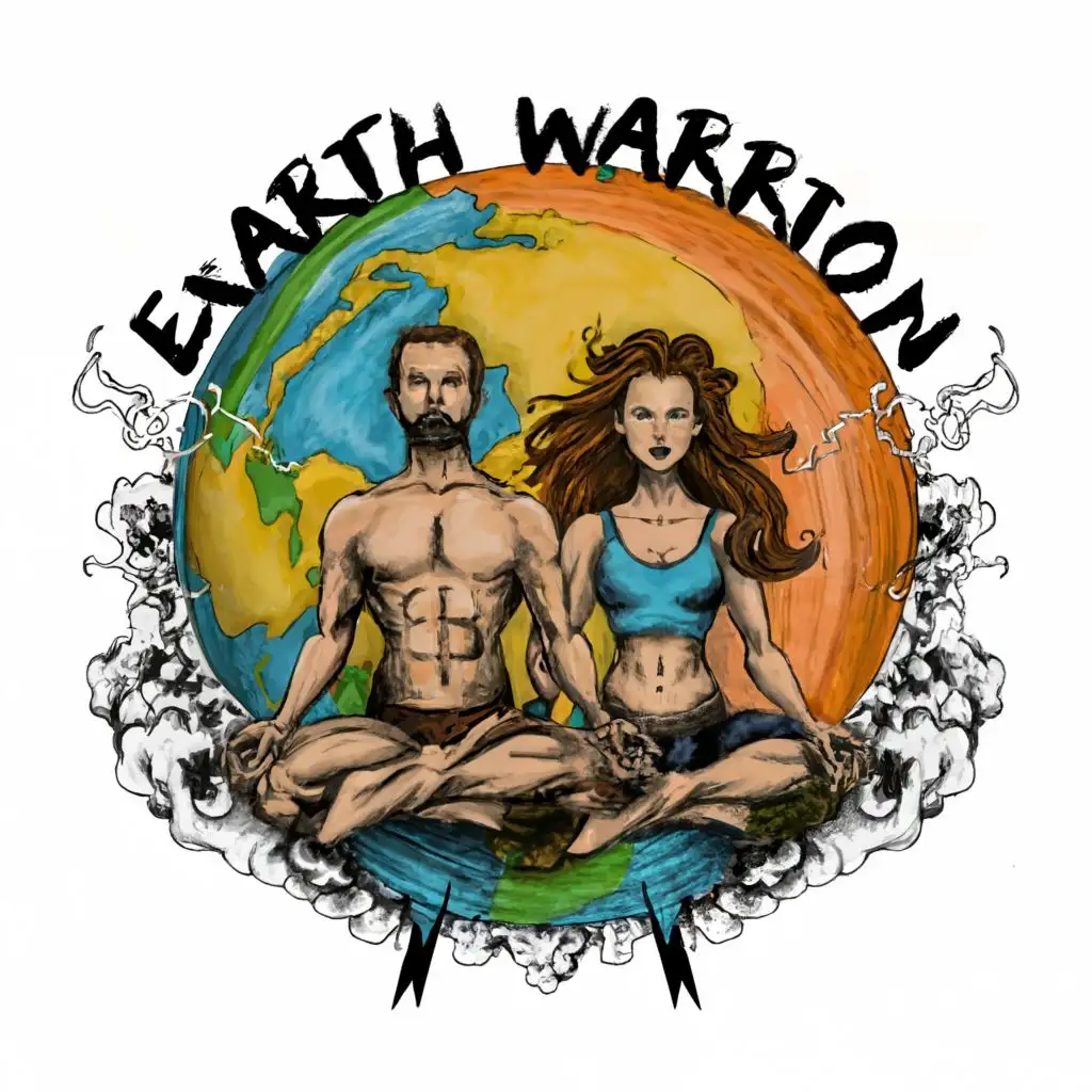logo, one male and one female warrior meditating in a storm in front of planet earth, sketch, with the text "Earth Warrior.in", typography
