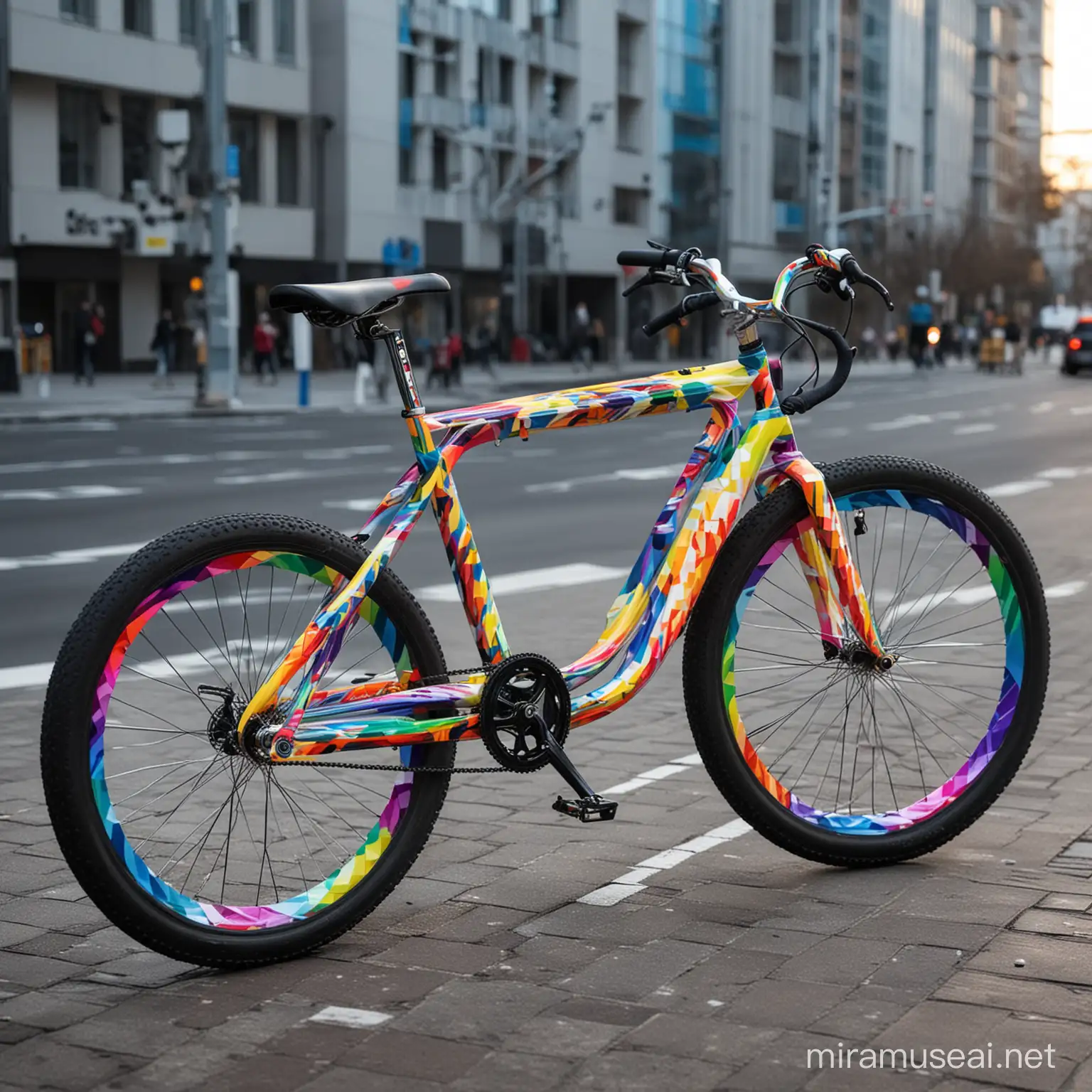 Imagina una bicicleta futurista diseñada por el artista Felipe Pantone. La bicicleta tiene un diseño único y llamativo, con colores brillantes y patrones geométricos que crean una sensación de movimiento y velocidad. La estructura de la bicicleta es aerodinámica y moderna, con líneas limpias y formas dinámicas. La imagen muestra la bicicleta en un entorno urbano, rodeada de rascacielos y luces de neón que reflejan los colores vibrantes de la bicicleta. La escena transmite una sensación de energía y modernidad, capturando la esencia del estilo distintivo de Felipe Pantone