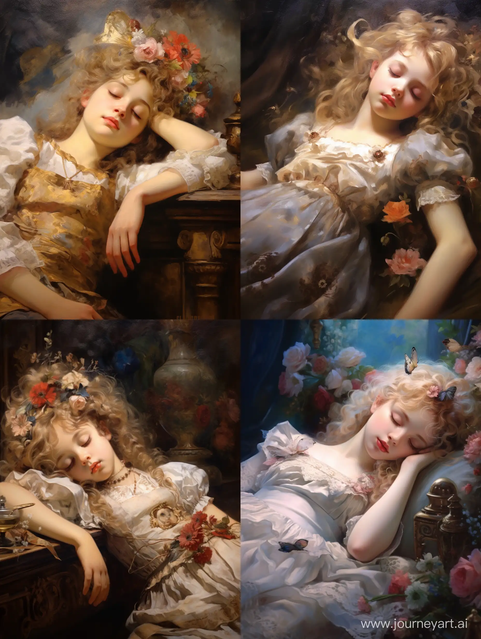 Rococo-Style-Oil-Painting-Serene-Girl-Sleeping-on-Table