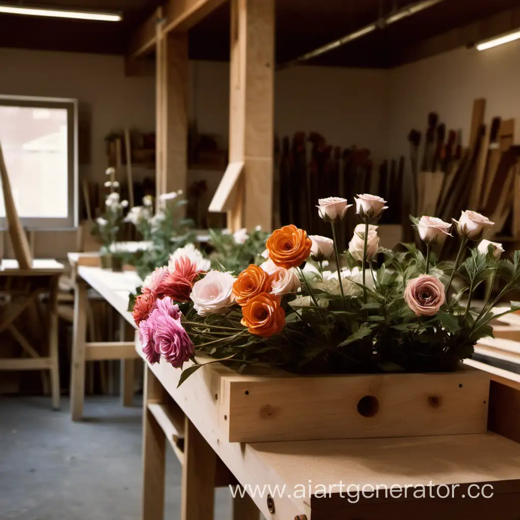 Colorful-Flowers-Blooming-in-a-Rustic-Carpentry-Workshop