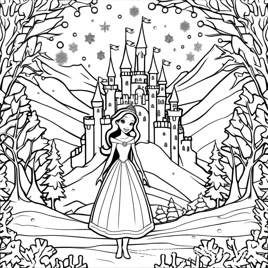 Depict a princess in a snowy landscape, perhaps with a beautiful ice castle in the background, surrounded by snowflakes, and accompanied by friendly snow creatures., Coloring Page, black and white, line art, white background, Simplicity, Ample White Space. The background of the coloring page is plain white to make it easy for young children to color within the lines. The outlines of all the subjects are easy to distinguish, making it simple for kids to color without too much difficulty
