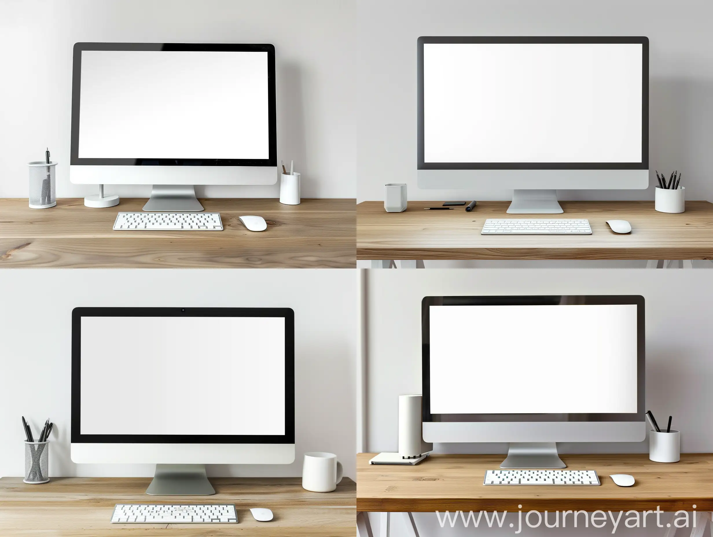 A minimalist white workspace. A wooden desk, sits center stage. we see a modern computer monitor with a blank, inviting screen. details like a sleek wireless keyboard, and a minimalist pen holder with a single pen hint at a focused and organized mind. The overall atmosphere is one of quiet productivity, modern and minimal elegance; focus on the screen; front-angle view