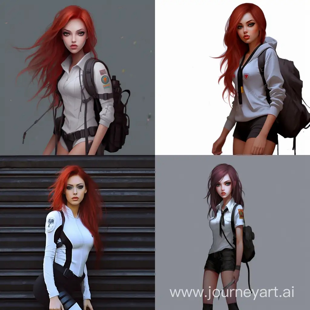 Full body shot, realistic style, woman, red hair, green eyes, cute face, cyberpunk implants