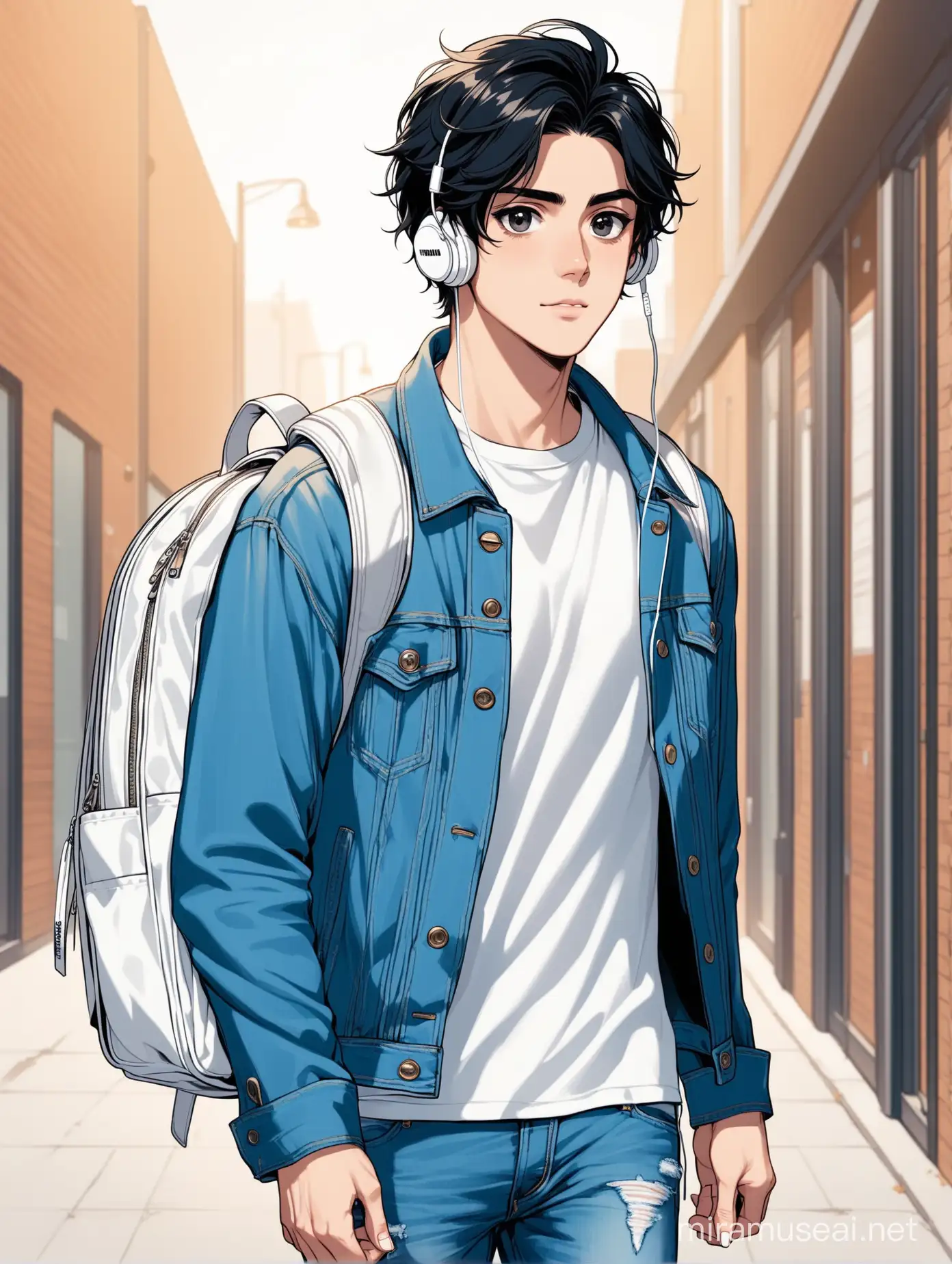 A handsome young man with black hair and big black eyes, wearing a jeans jacket and a white shirt underneath, blue jeans and white Converse shoes, carrying a white backpack, and wearing white Wired Earbuds.