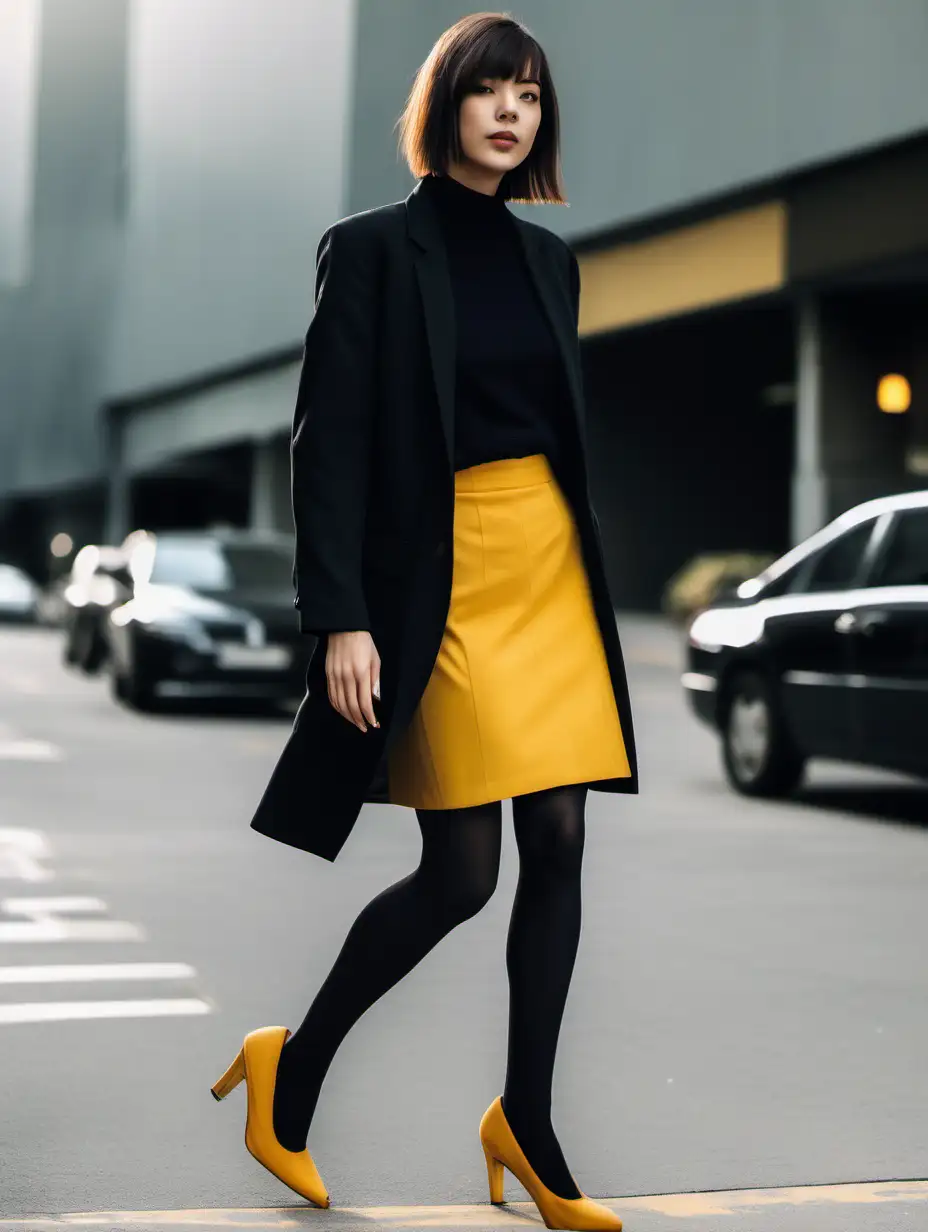 young woman, round-toed high-heeled black shoes, dark business casual outfit, walking on the street, short straight hair, yellow tights