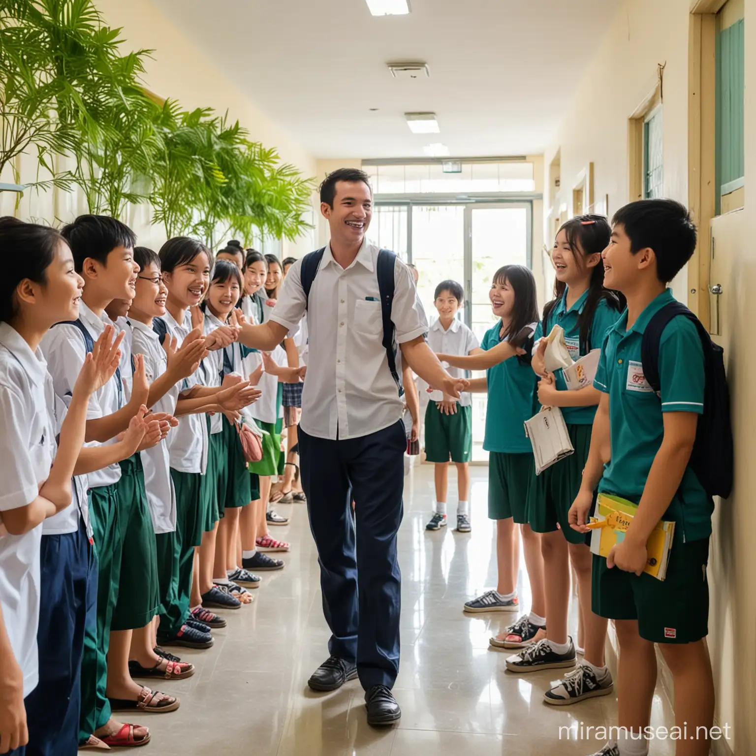 Các bạn học sinh nam, nữ chào thầy cô giáo ở hành lang của trường tiểu học ở Việt Nam. Hình ảnh có anh nắng, cây xanh, mọi người vui vẻ.