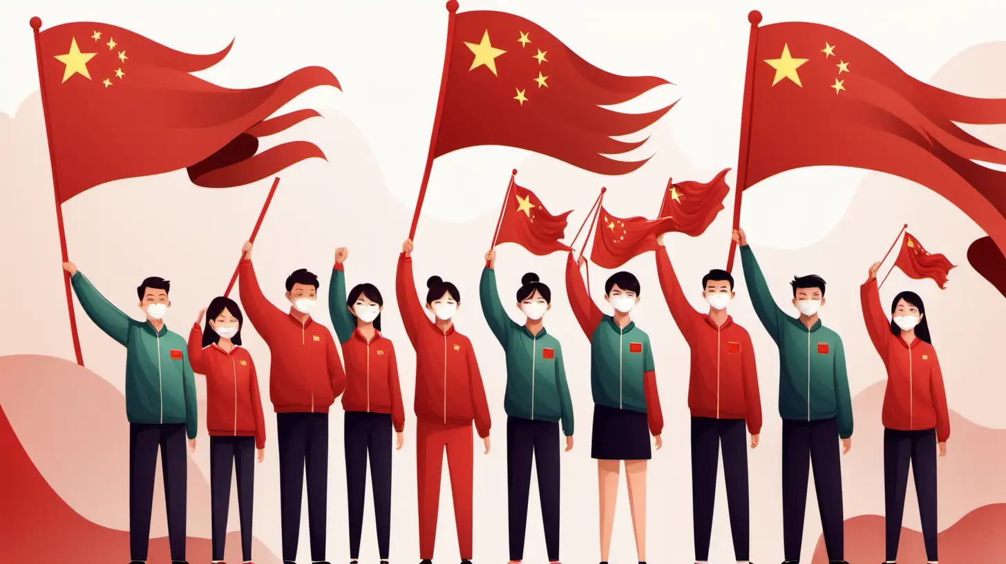 Illustrate the unity of a community by showcasing a group of people holding the Chinese flag together, symbolizing their collective patriotism.