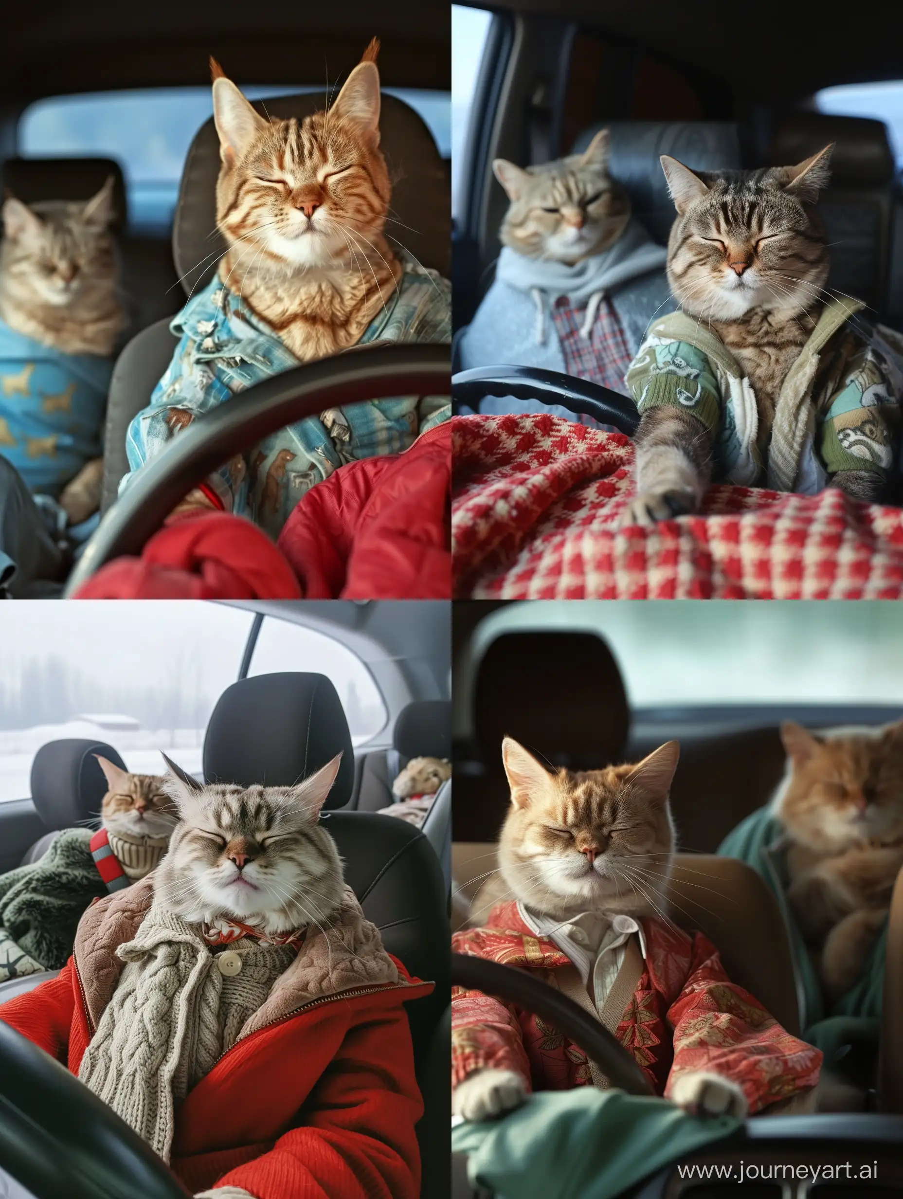 车里，一只猫咪穿着衣服，开着车，露出无奈的表情，副驾驶的猫咪穿着衣服正在呼呼大睡
