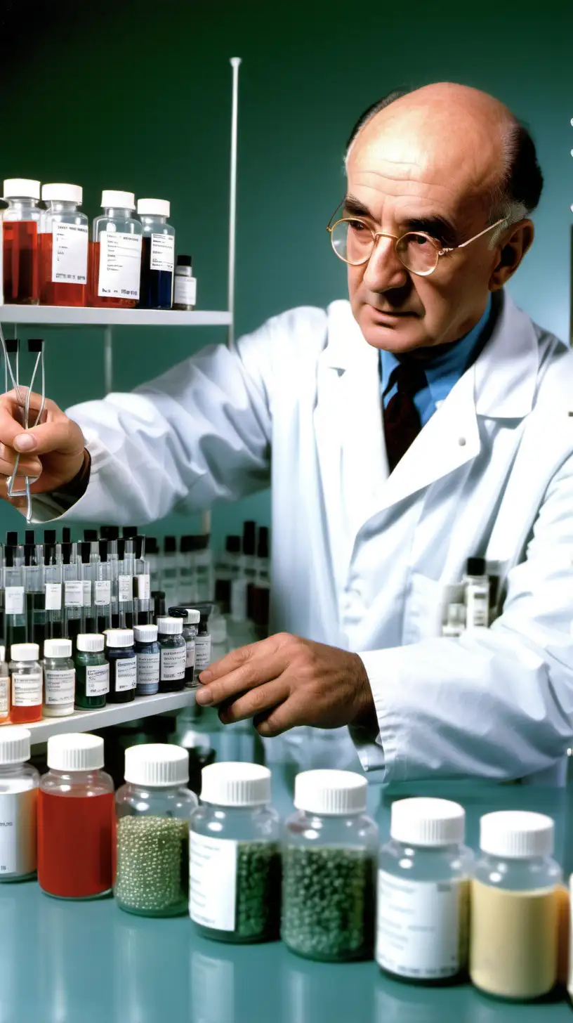 Enter the laboratory setting with an image featuring Albert Hofmann working on medical formulations. Surrounded by scientific equipment, he is focused on creating compounds for hospital use, emphasizing the medicinal aspect of his contributions. Albert Hofmann, laboratory, medical formulations, scientific equipment, creating, hospital use, medicinal contributions. Color picture
