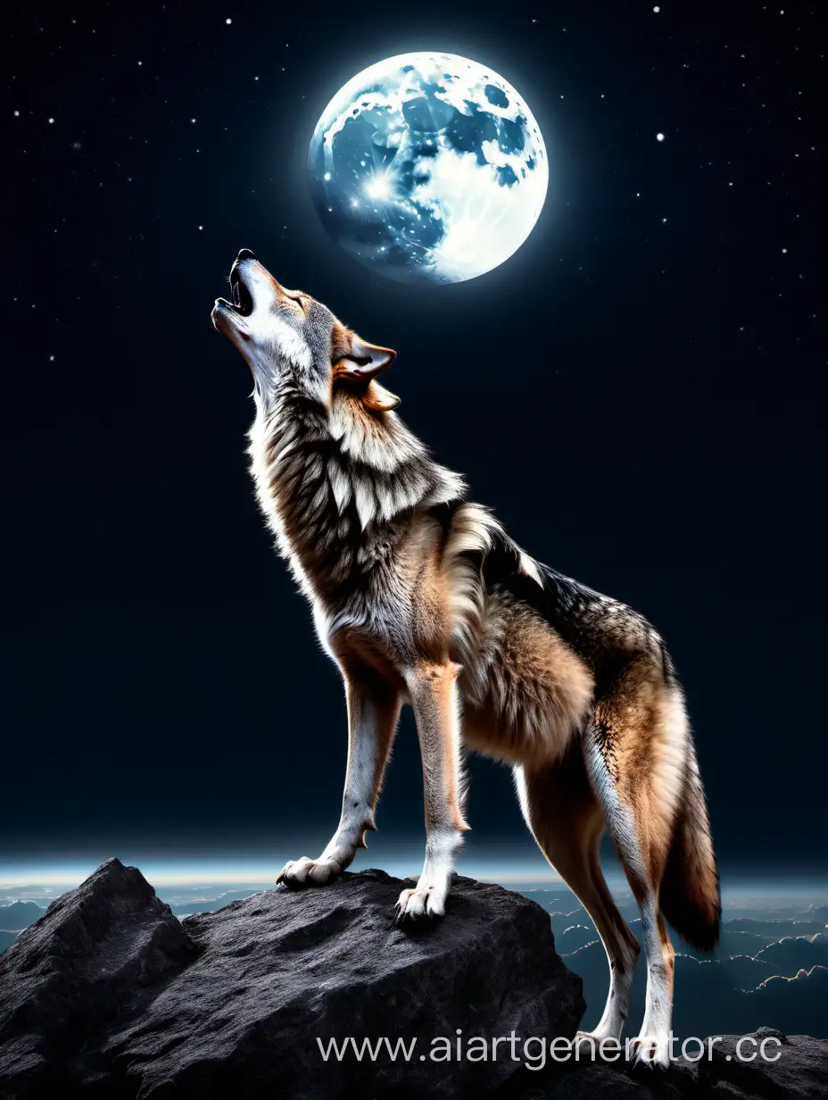 волк на скале воет на луну на фоне космос