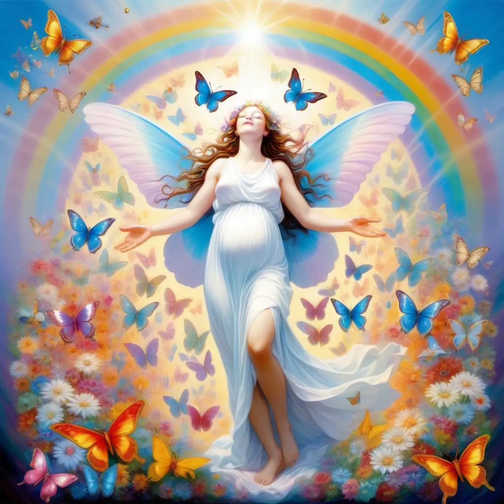 please show me an image that depicts a person celebrating burying their past, human self, and birthing a divine goddess. evoke an inspiring, magical, cheerful, blissful feel, using bright opaline rainbow colors through white. Have the angelic figure surrounded by butterflies.