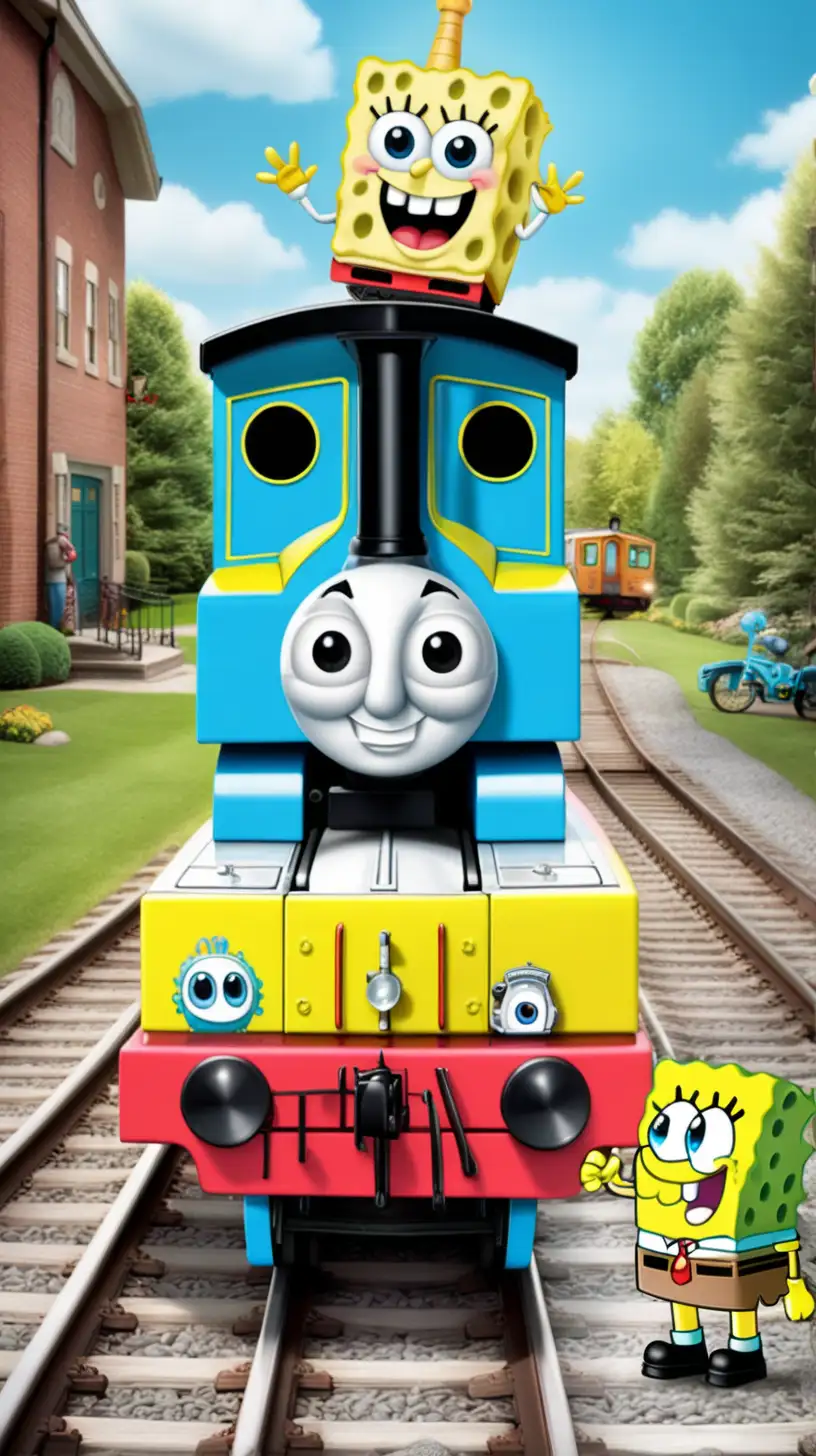 a cute and funny image of Thomas the Train and Sponge Bob Square Pants