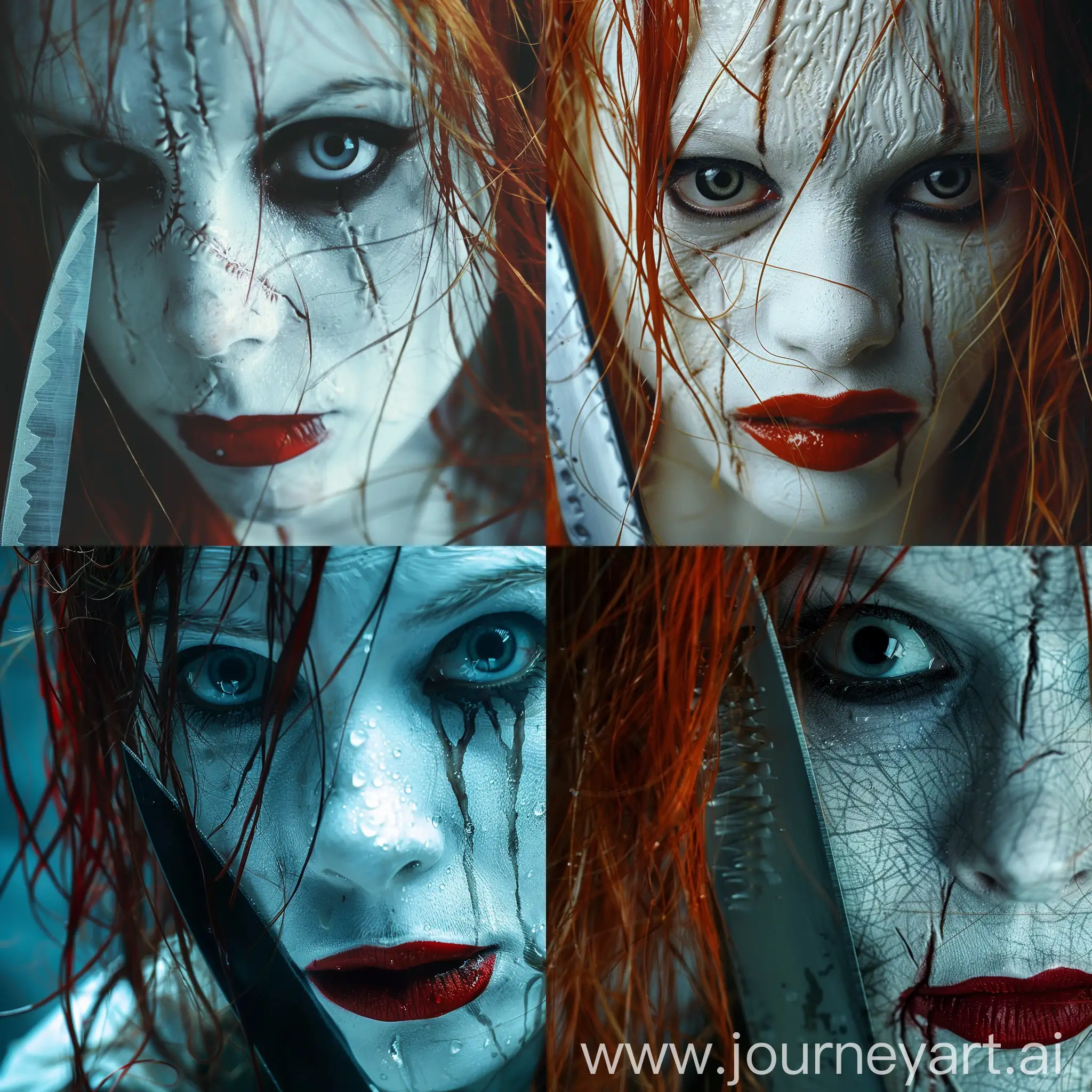 Woman with milky white skin, big plain black scary eyes, red lipstick, redhair, her hair is wet, has straches on her face, knife, scary movie scene, cinematic lighting, realistic image