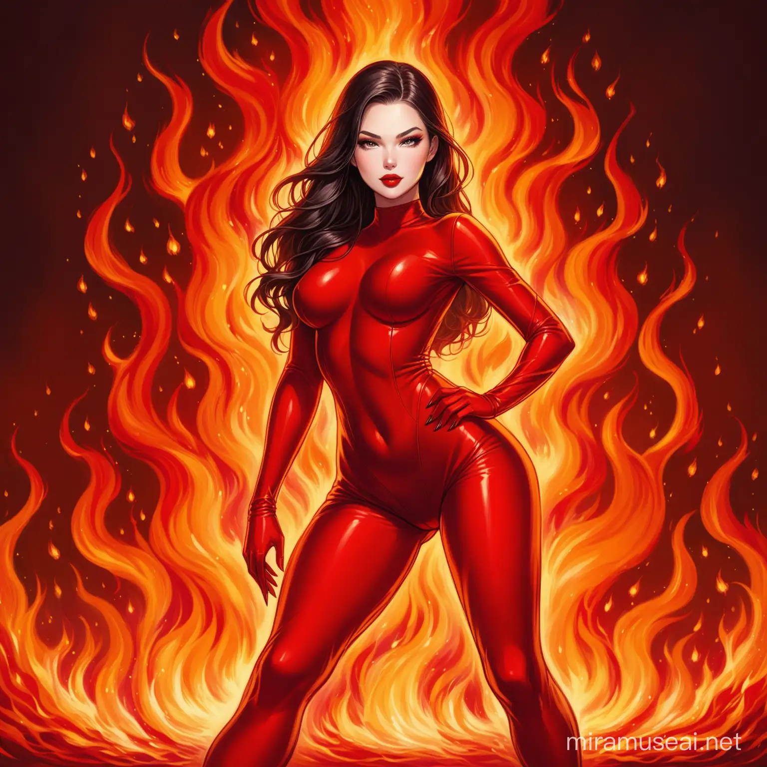 Fiery Red Outfit Glamorous Woman Amidst Flames