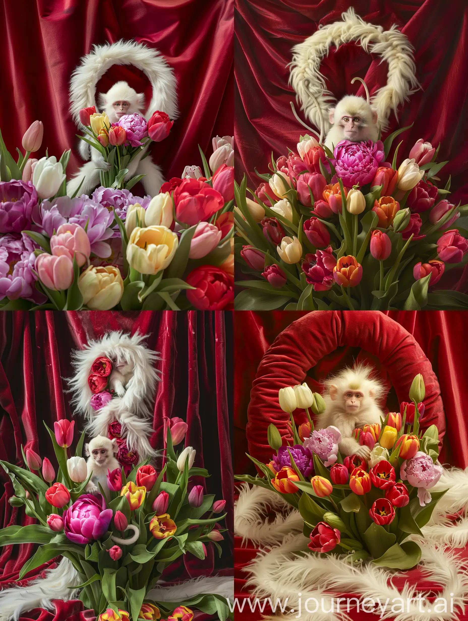 Hyperrealism-Floral-Arrangement-Monkey-in-Tulip-Bouquet-on-Red-Velvet-Figure-Eight-Background