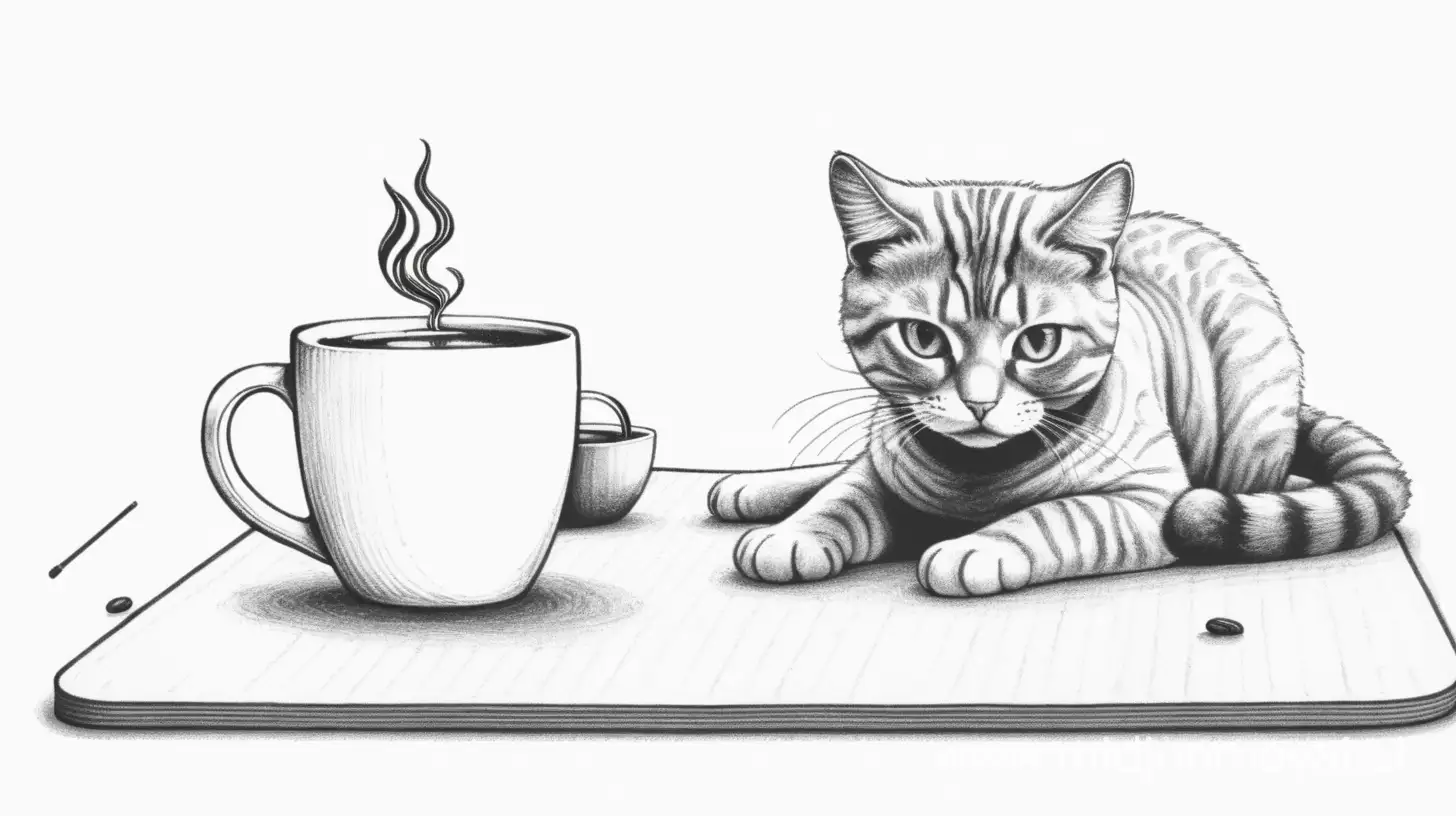 Cat with Coffee Cup on Yoga Mat Sketch in Monochrome