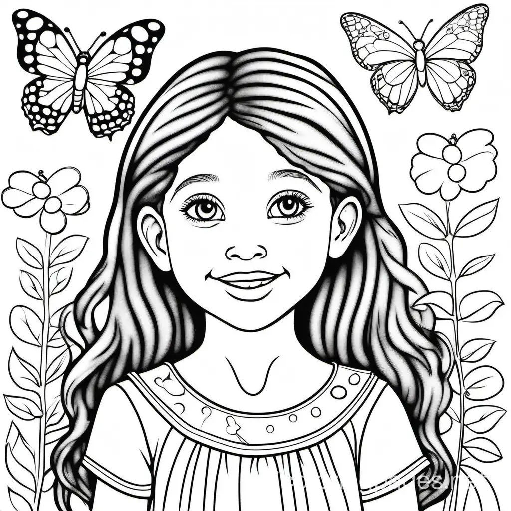 five-year-old girl with butterfly, Coloring Page, black and white, line art, white background, Simplicity, Ample White Space. The background of the coloring page is plain white to make it easy for young children to color within the lines. The outlines of all the subjects are easy to distinguish, making it simple for kids to color without too much difficulty