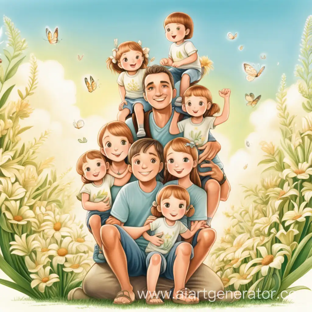 Семья, дети сидят на плечах, счастливая, радостная,мистическая флора, в стиле мультфильма, мягкий свет, высокая детализация, высокое качество
