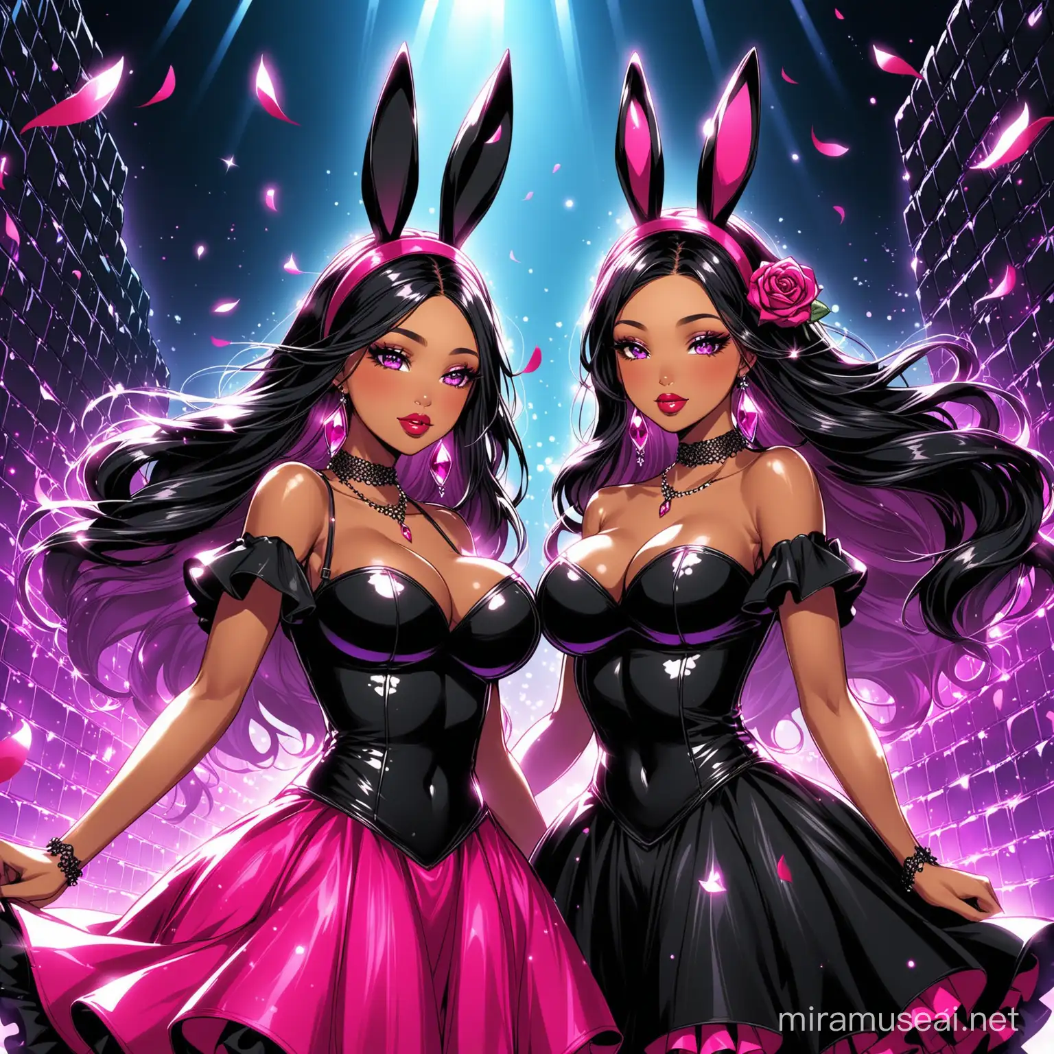 Dark Fantasy Cartoon Goddesses in Nightclub with Black and Red Rose Wall