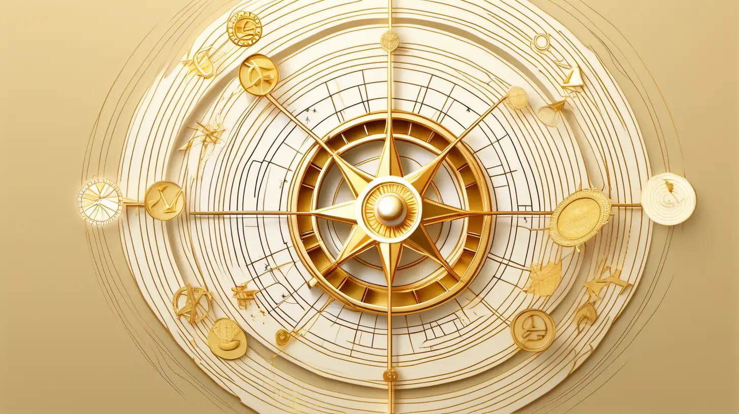 astrological wheel,  MONEY flying around the wheel, loose lines, loose lines,  gold color and light beige