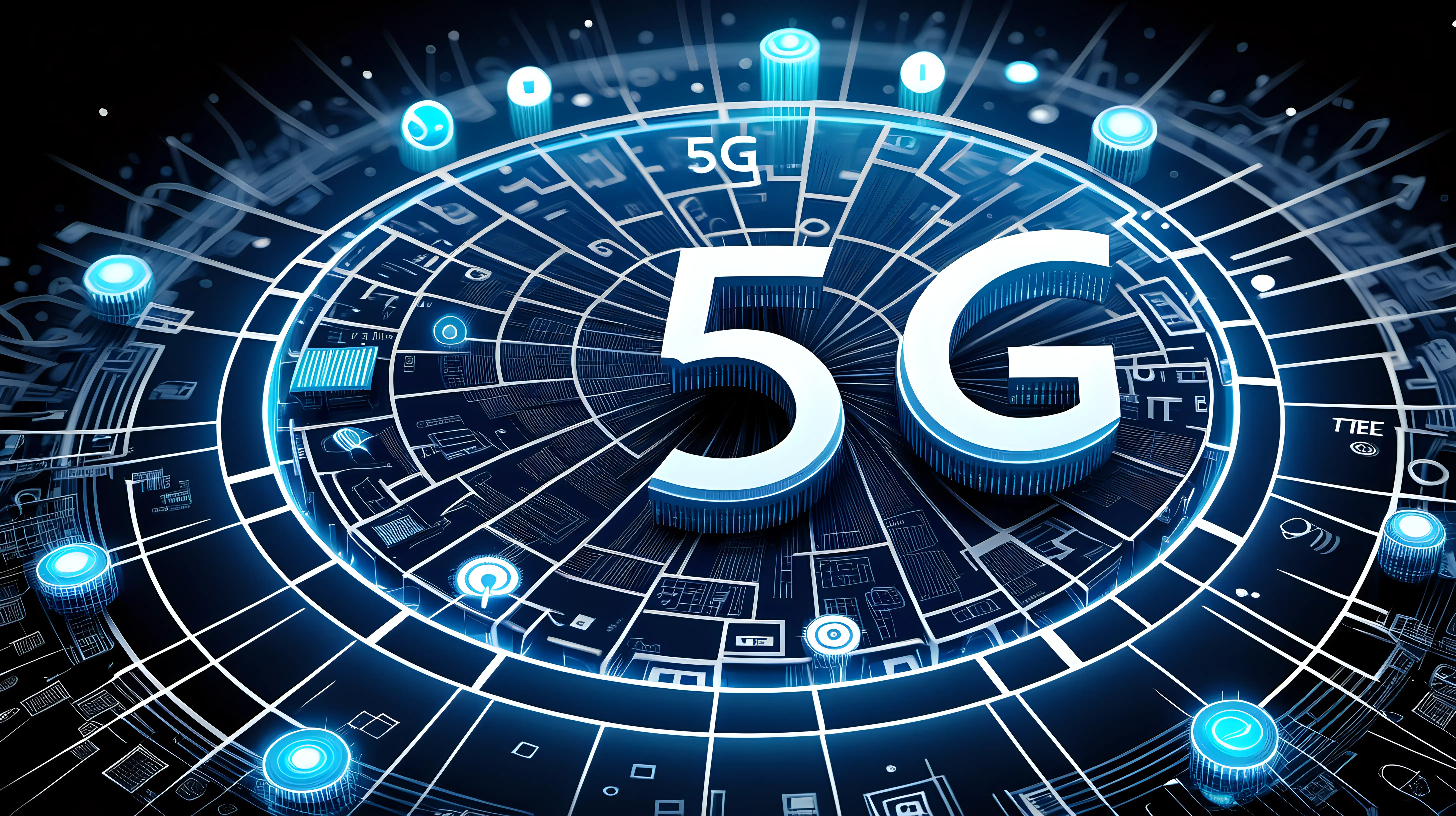 An image that captures the futuristic essence of 5G, with the "5G" text prominently displayed in the center, surrounded by abstract technological patterns and digital elements.