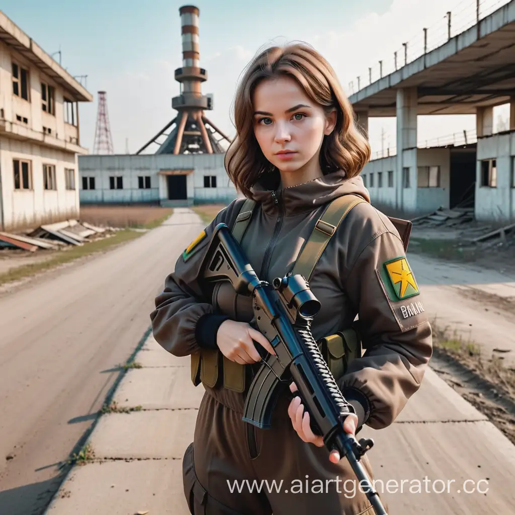 stalker a brown-haired girl in a bulat suit with a Famas weapon on the background of the Chernobyl zone