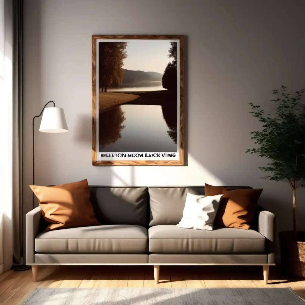 Cozy Farmhouse Style Living Room with Blank Wooden Poster Frame Mockup