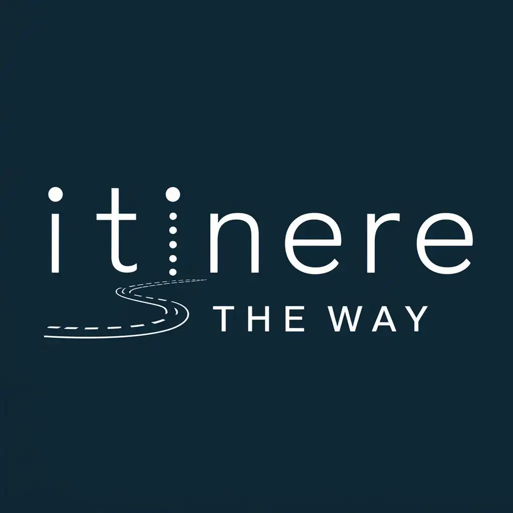 logo, the dots on the letters "i" of the word itinere are connected with an undulated line representing a road, with the text "on the way", typography, be used in Finance industry
