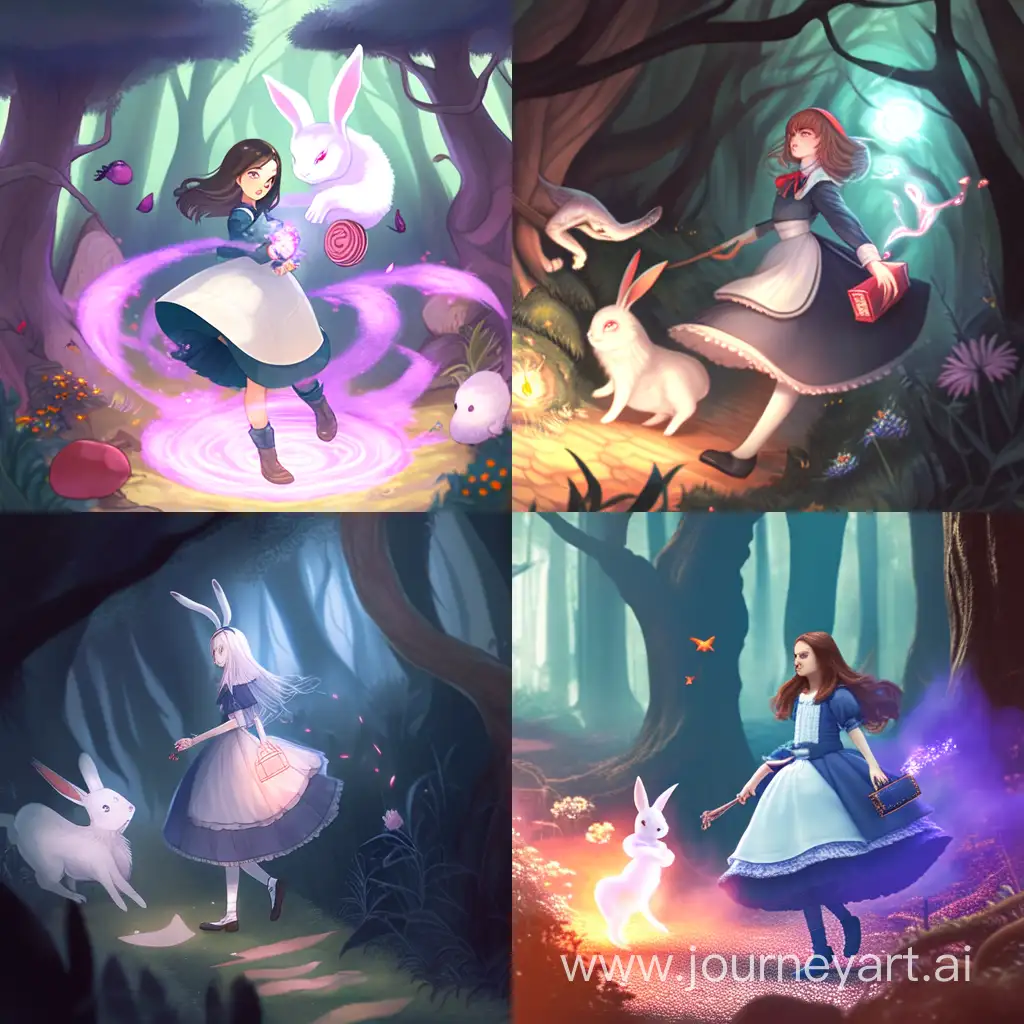 Юная ведьма гуляющая в волшебном лесу, в котором обитают разные лесные существа, духи, демоны, девушка держит белого кролика в руках