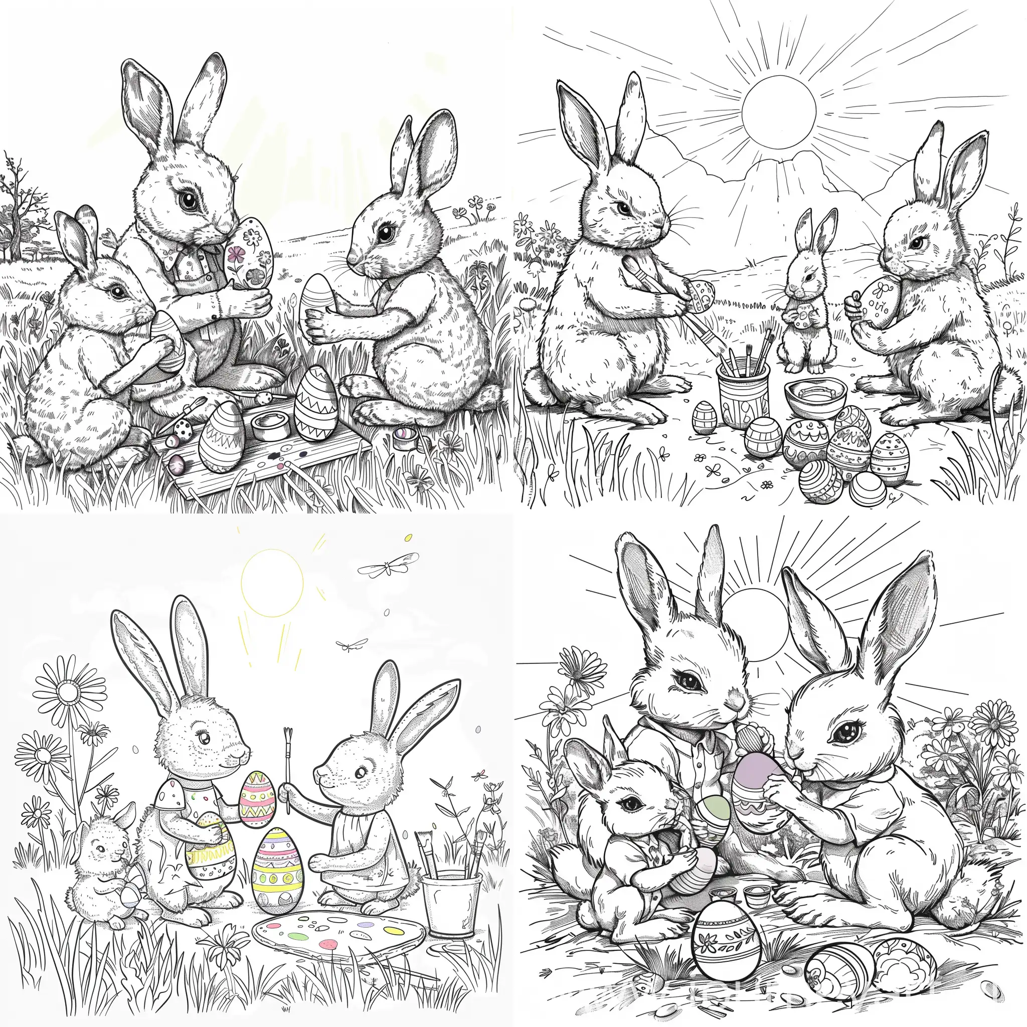 A coloring page of A bunny family painting colorful Easter eggs together in a sunlit meadow