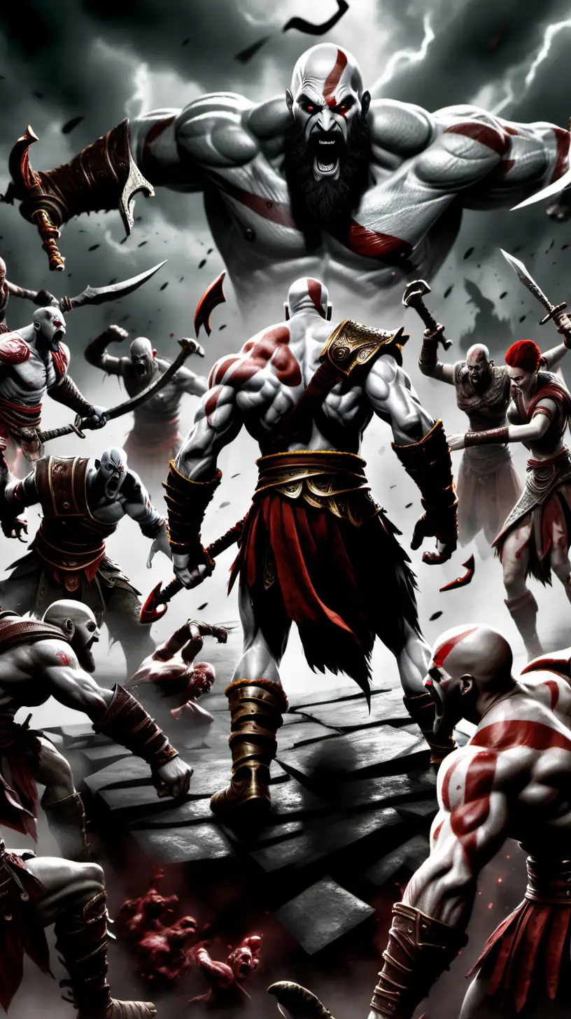 Kratos Battles Multiple Foes Amidst Chaos and Carnage