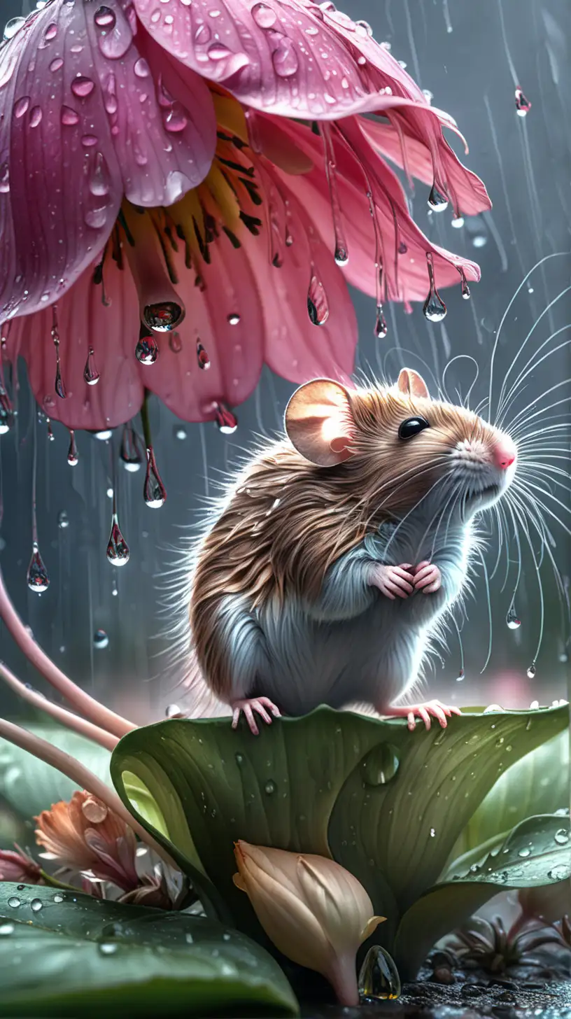 "A raining scenery where a tiny mice is hiding UNDER A HUGE FLOWER PETAL, soaking wet, looking up the rain drops, Dreamlike Fantasy Art, Carne griffiths, lou xaz, artstation, Dynamic Lighting, hyperdetailed painting CGSociety ZBrush Central, beautiful, delicate, intricate, elegant, graceful, shiny, Hyperrealism, fantasy hyperdetailed --ar 16:9 --style raw --v 6.0 