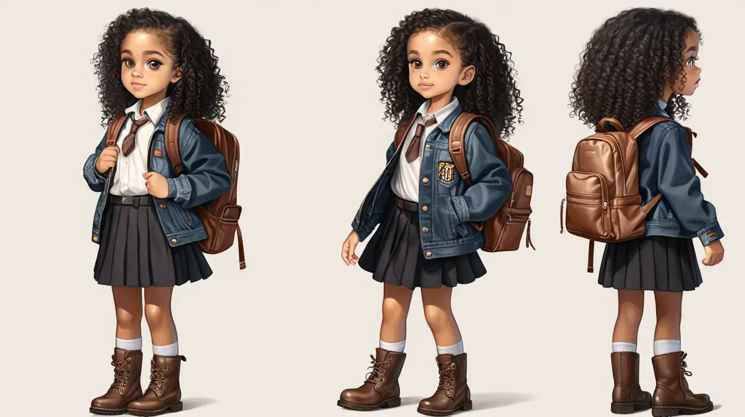 Little black school aged girl with big brown eyes long curly hair wearing skirt shirt and jacket with boots and backpack