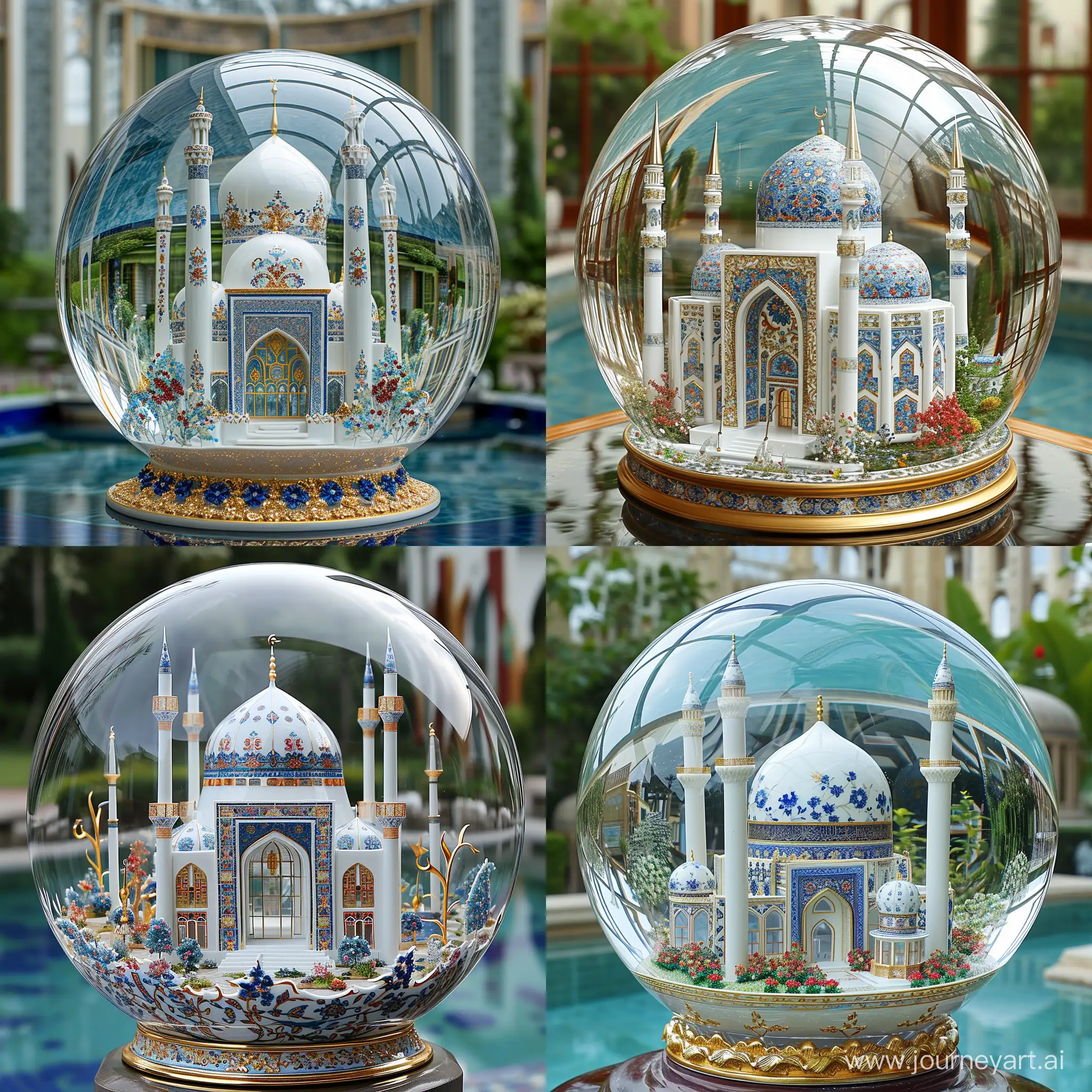 3d porcelain model within a huge crystal ball having golden white blue iznik ceramic style floral base, containing white porcelain model of an Uzbekistan mosque decorated with blue red floral motifs having lustrous golden outlines, tall modern iwan having finely thin blue red floral persian tile motifs with golden outlines, glass windows, mosque, thin decorative minaret spires, surrounded by miniature water pool and garden --v 6