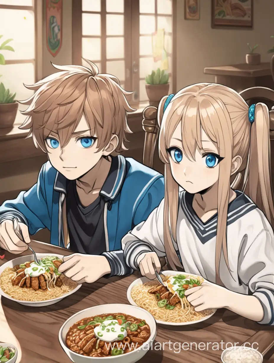 мальчик с девочкой сидят за столом и кушают мексиканскую еду, стиль аниме, светлые волосы и голубые глаза