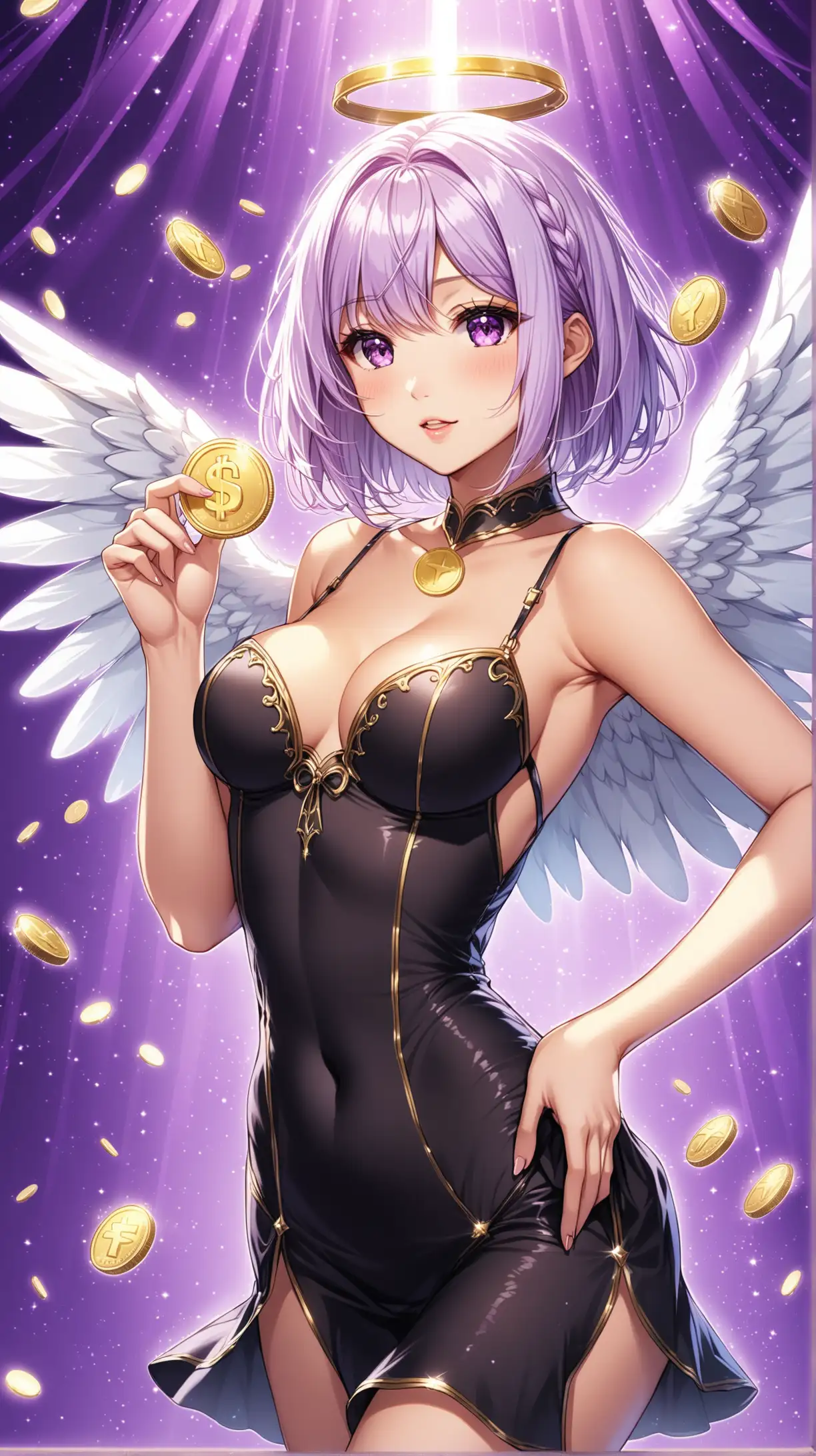 Sexy women carry coin , angel costume, playful, light purple medium hair, dark short sexy dress, fantastic background .
