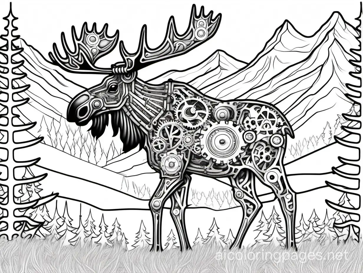 Steampunk Style full page pattern of a moose ((side profile)) ((Moose in middle of page)), background is mountains and maple trees ((detailed)) ((perfect proportions)), Coloring Page, black and white, line art, white background, Simplicity, Ample White Space. The background of the coloring page is plain white to make it easy for young children to color within the lines. The outlines of all the subjects are easy to distinguish, making it simple for kids to color without too much difficulty