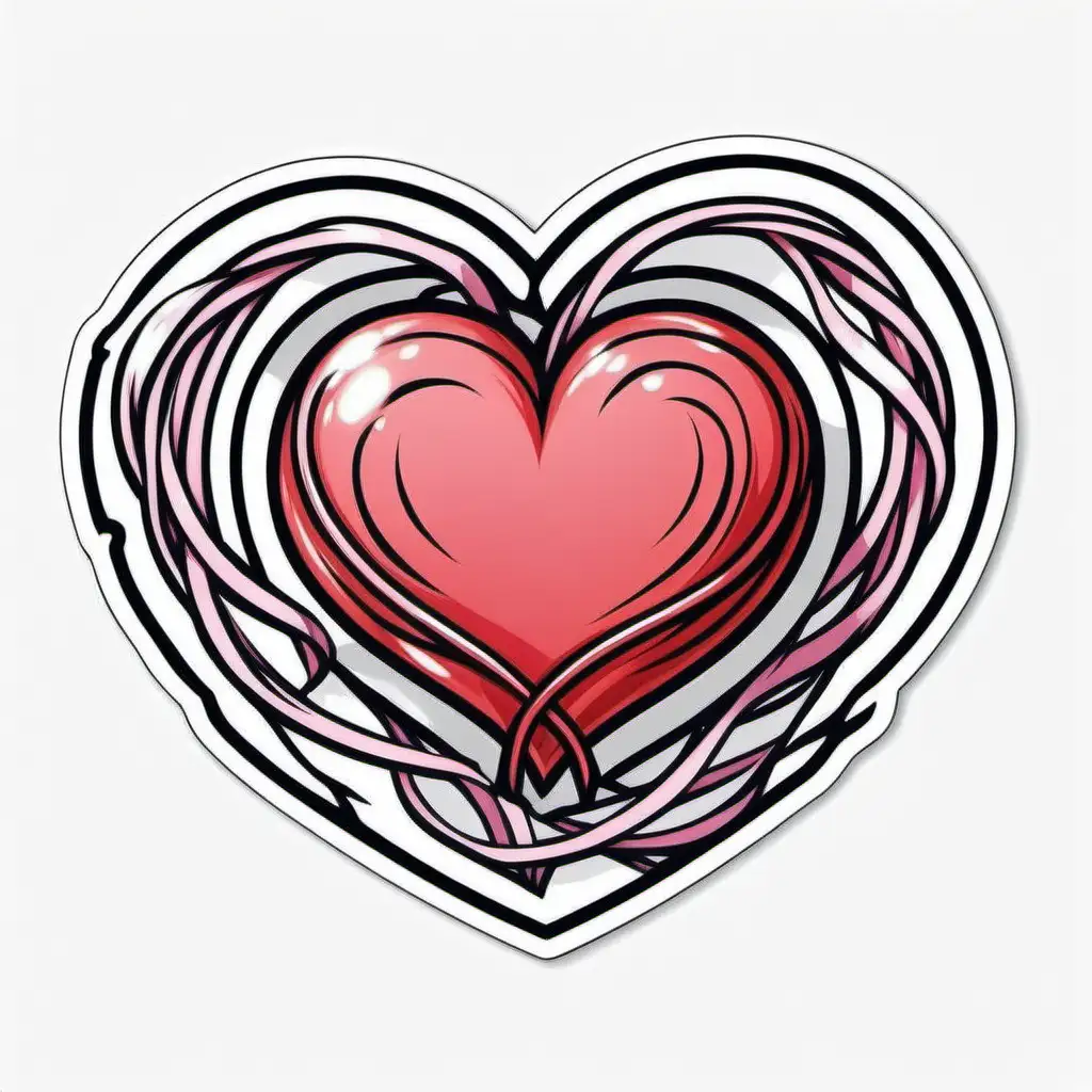 AnimeStyle Heart Sticker with Swirling Ribbons on White Background