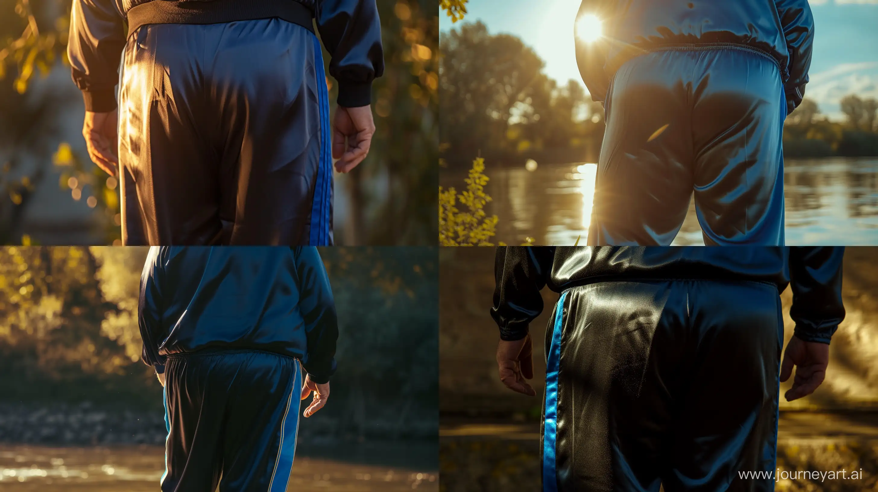 Back view close-up photo of a fat man aged 60 wearing a sun lit silk navy tracksuit with royal blue stripe on the leg. River. Sunlight on his behind. --style raw --ar 16:9